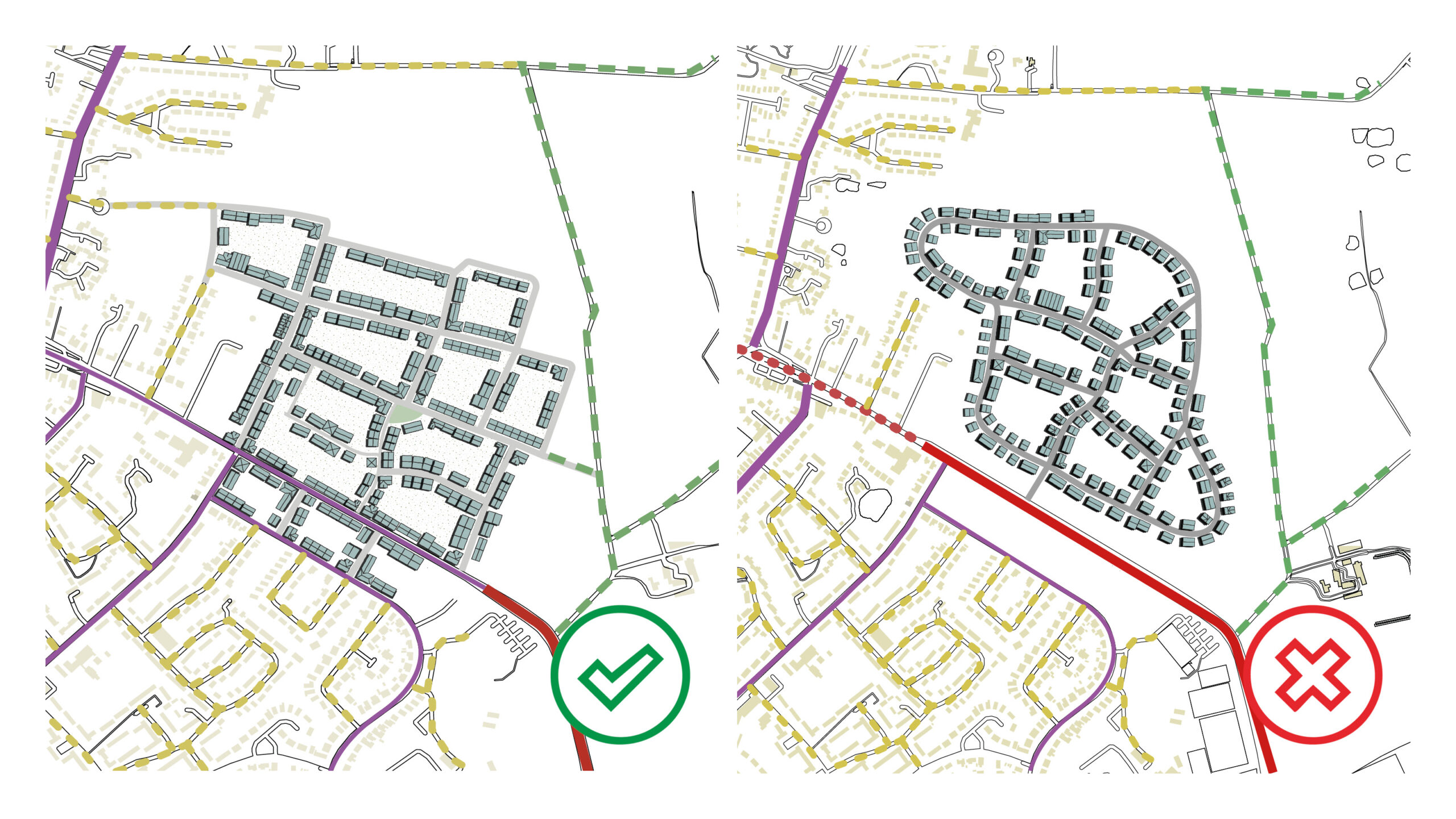 Examples of appropriate and inappropriate integration of new developments. One scheme fronts onto and links into existing streets while the other is set back with one main access point creating an isolated development.