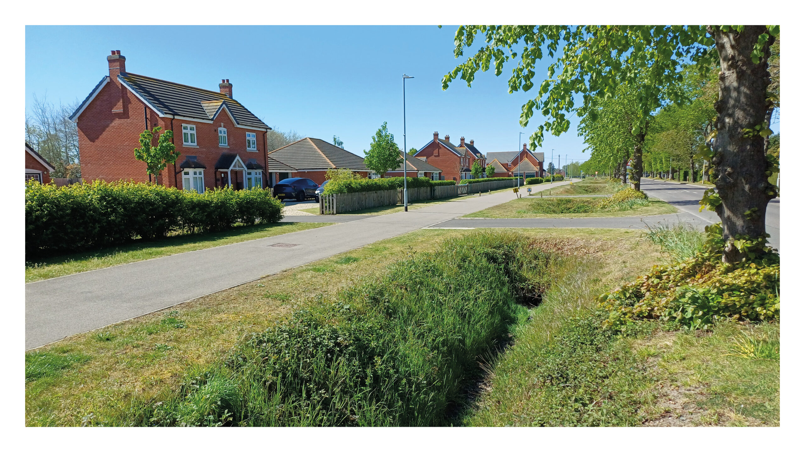 Examples of a well-integrated site. Woodhill Spa, Lincoln. The new homes face the existing road, a new pedestrian and cycleway has been added, and existing mature trees have been retained. This creates a tree lined, suburban avenue in keeping with the wider settlement. This could be improved by omitting the frontage access and parking, and bringing the homes closer to the street.