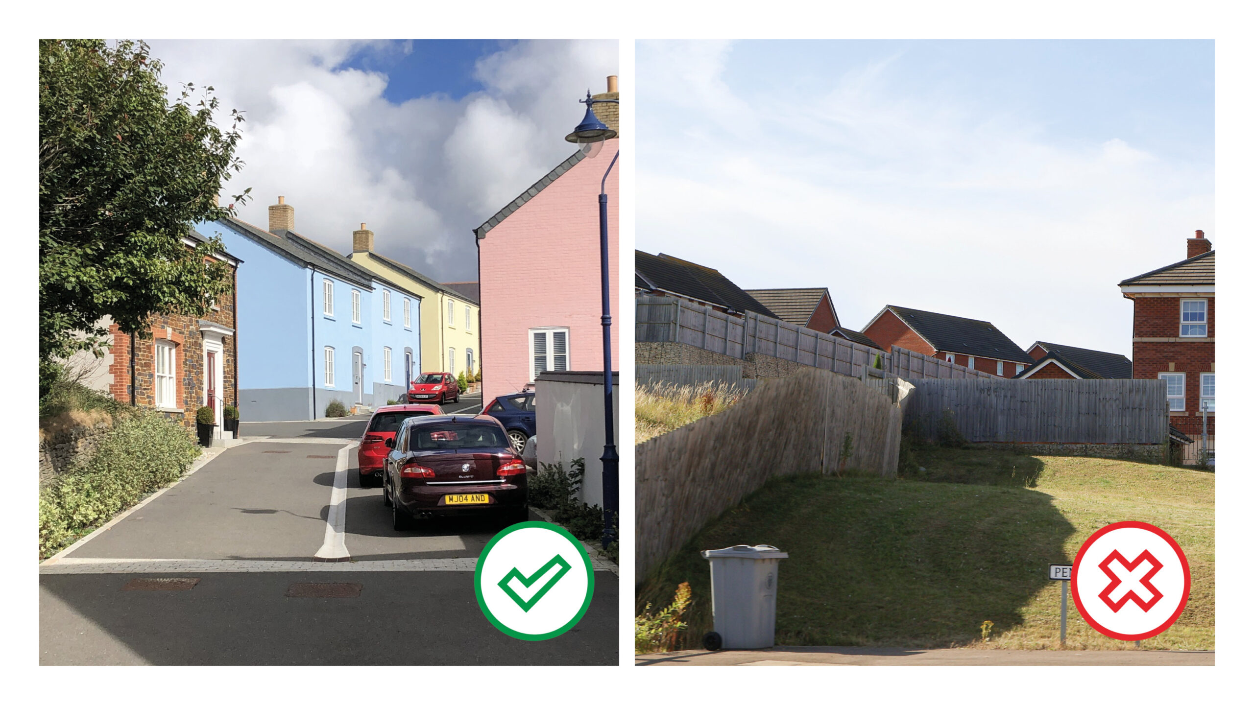 Good and bad examples of sites on slopes. Nansledan, Newquay makes use of stepped terraced homes and streets that follow the existing contours.