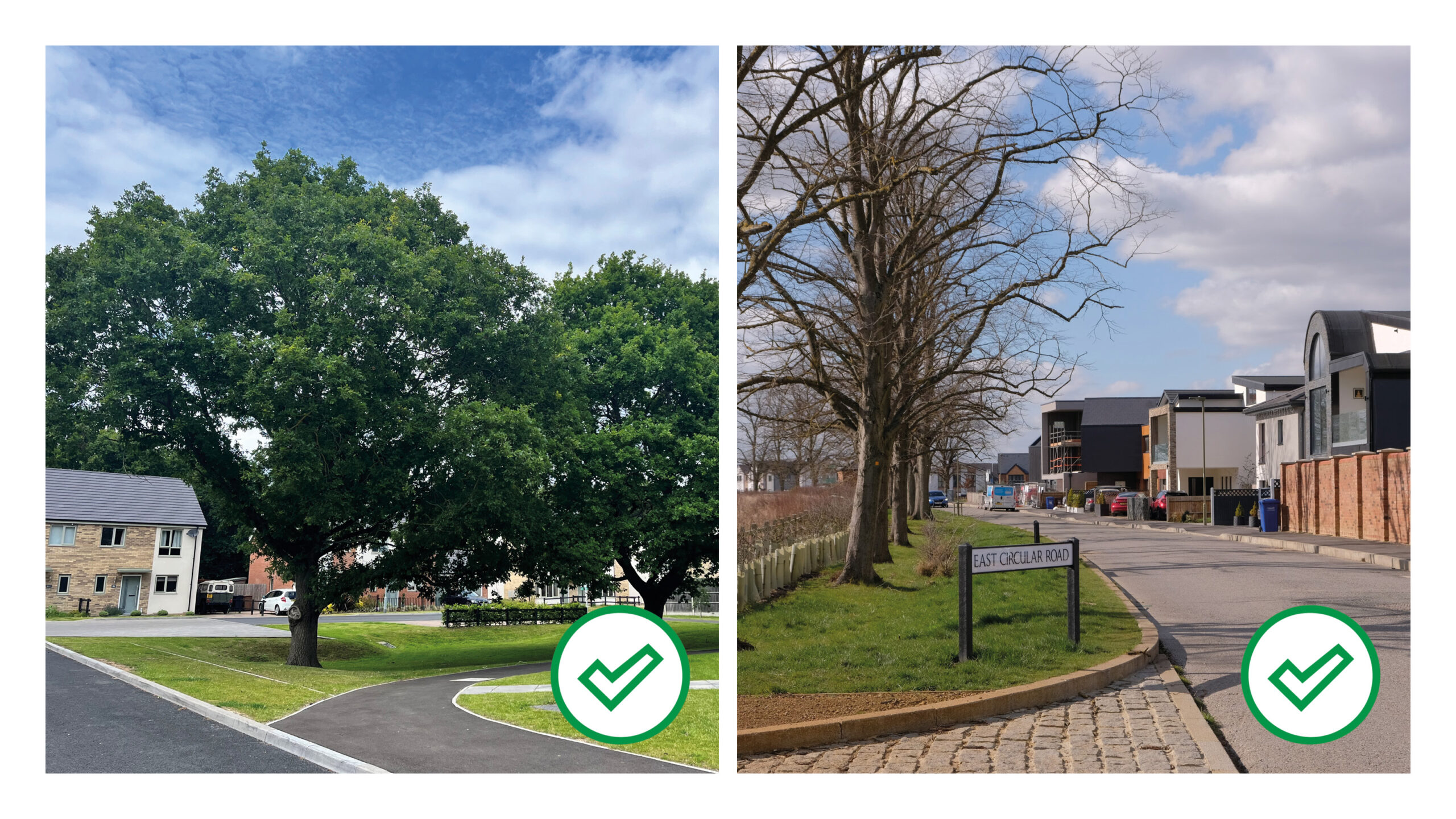 Example of existing trees and hedgerows retained and integrated into public spaces. Westbrooke Road Lincoln and Graven Hill, Oxfordshire.