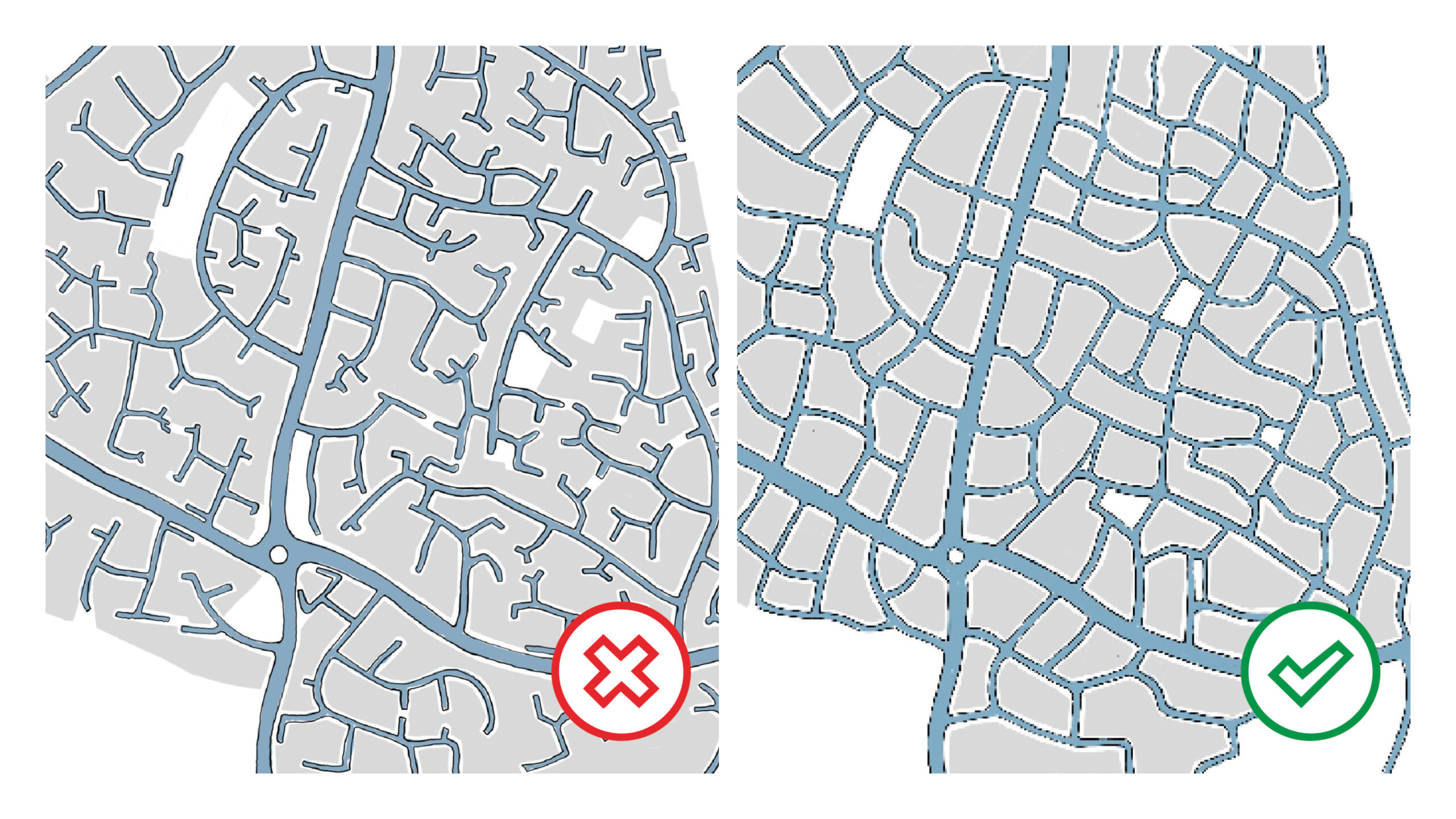 Poorly connected street pattern with cul-de-sacs (left) and a well-connected street pattern (right) (NMDC)