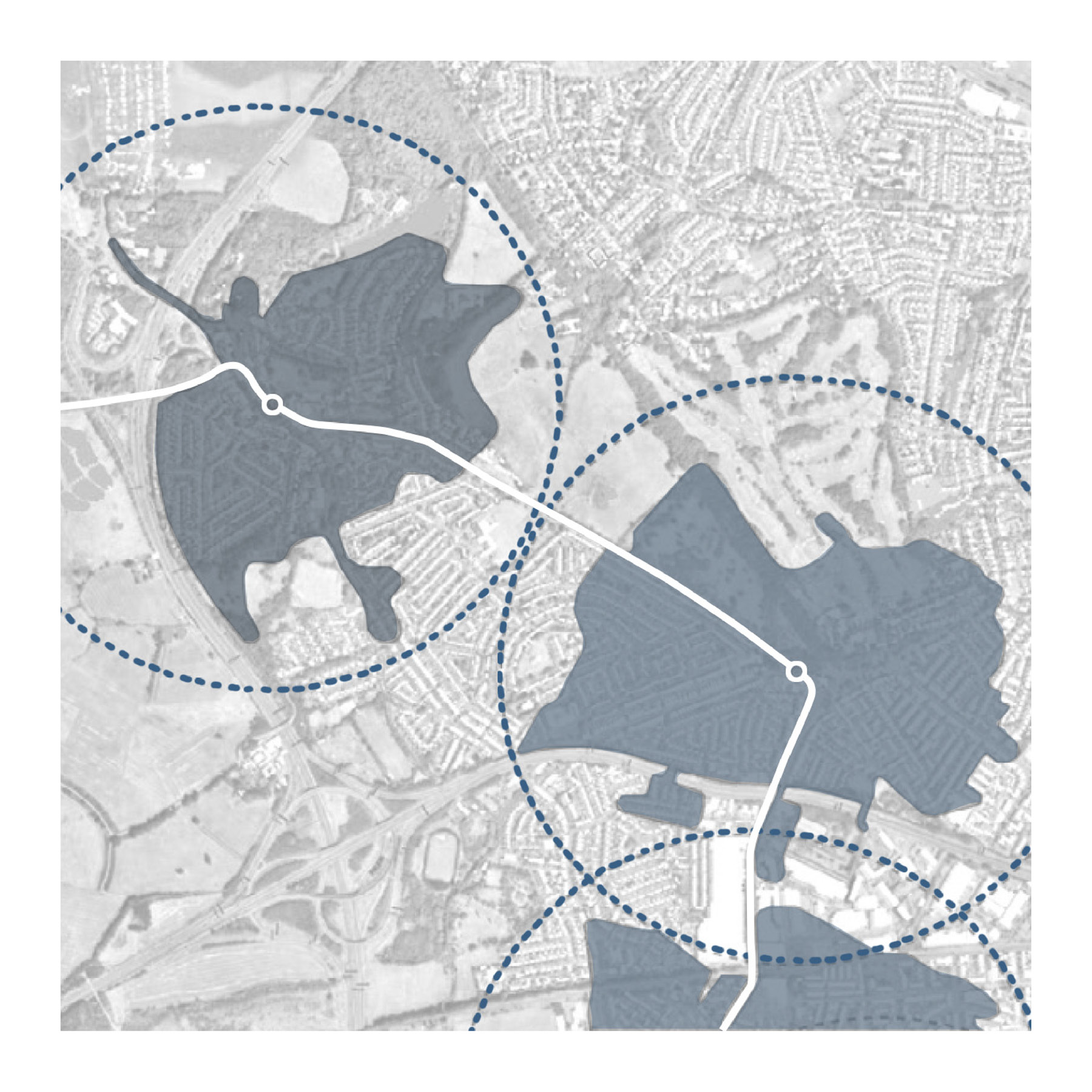 Diagram of connectivity assessment using walking isochrones, this gives a more accurate reflection of an areas pedestrian and cycle permeability than relying on 'as the crow flies' distances (NMDC)