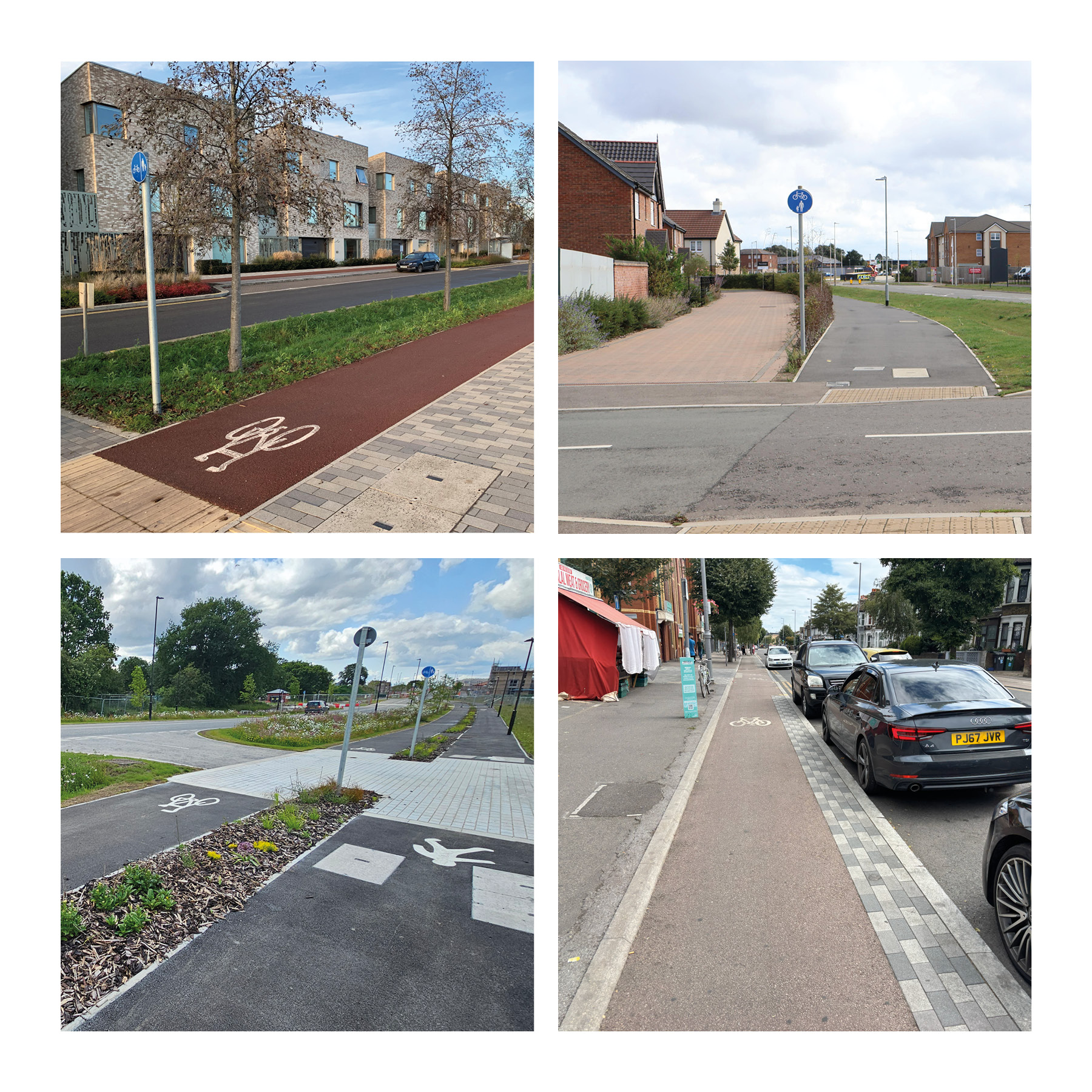 Examples of best practice cycle infrastructure. Eddington (PJA), Wallace Way Boston, Cambridge (PJA) and Charterholme, Lincoln.
