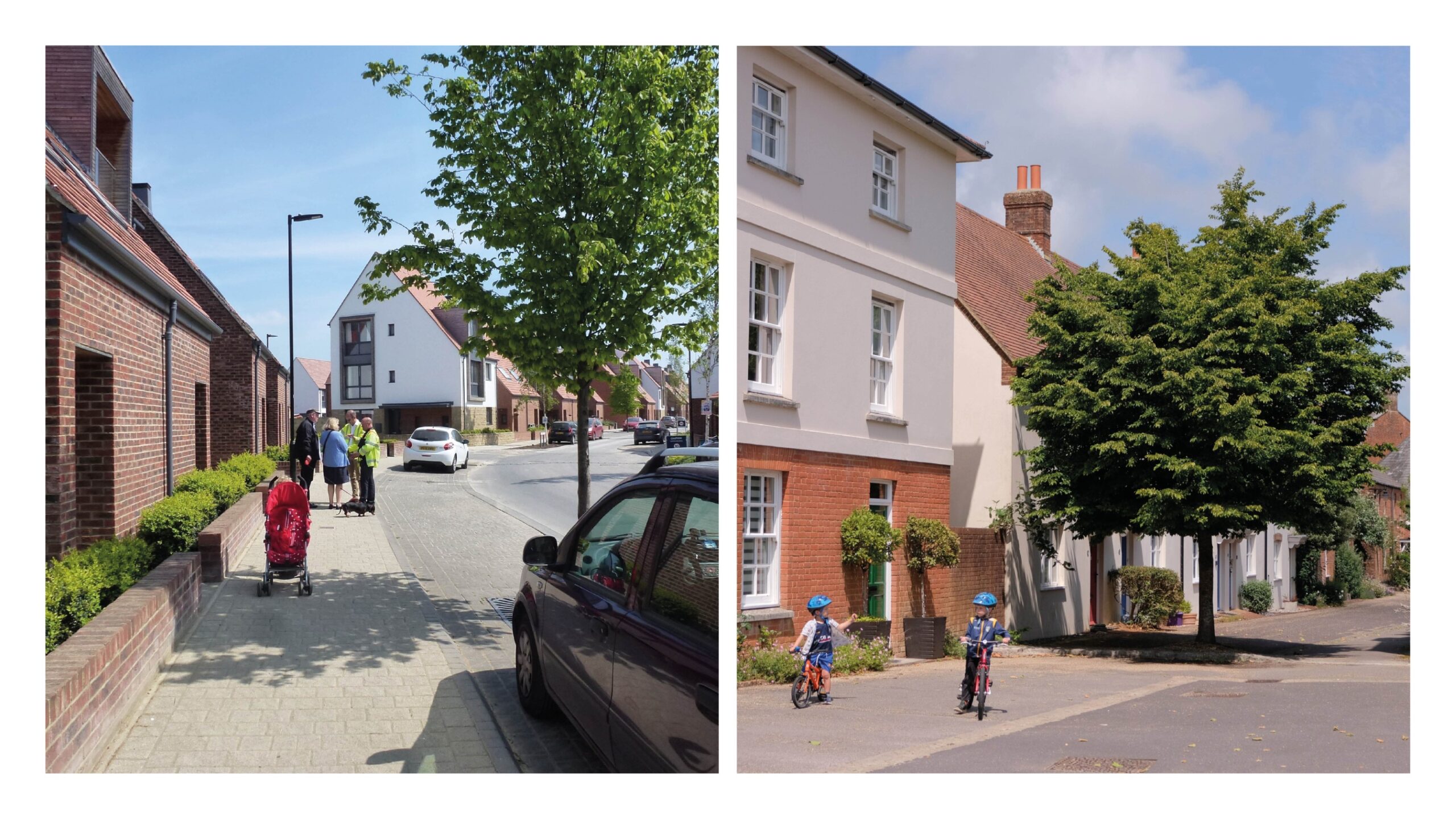 Well-designed streets accommodate all users. Derwenthorpe (Andy Cameron) and Poundbury.