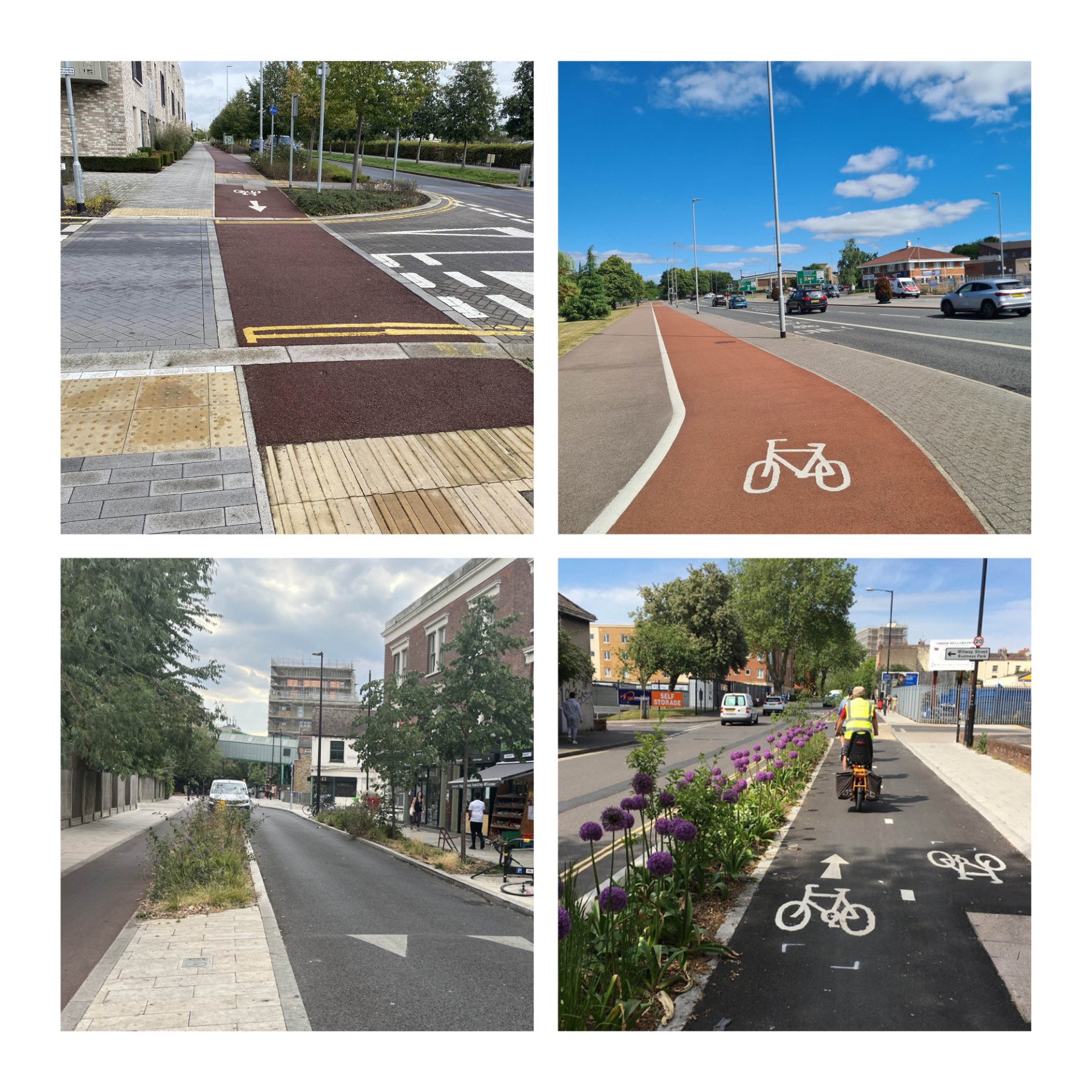 Examples of segregated cycle tracks. Eddington, Cambridge, Darlington, Bethnal Green (PJA), and Bristol (PJA)