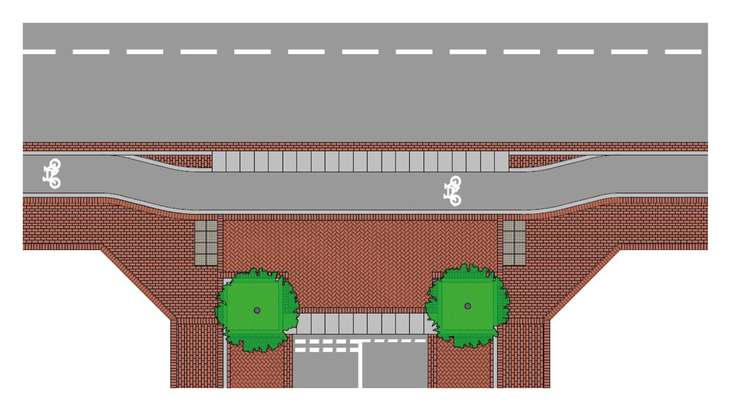 Diagram of a continuous crossing with cycle and pedestrian priority.