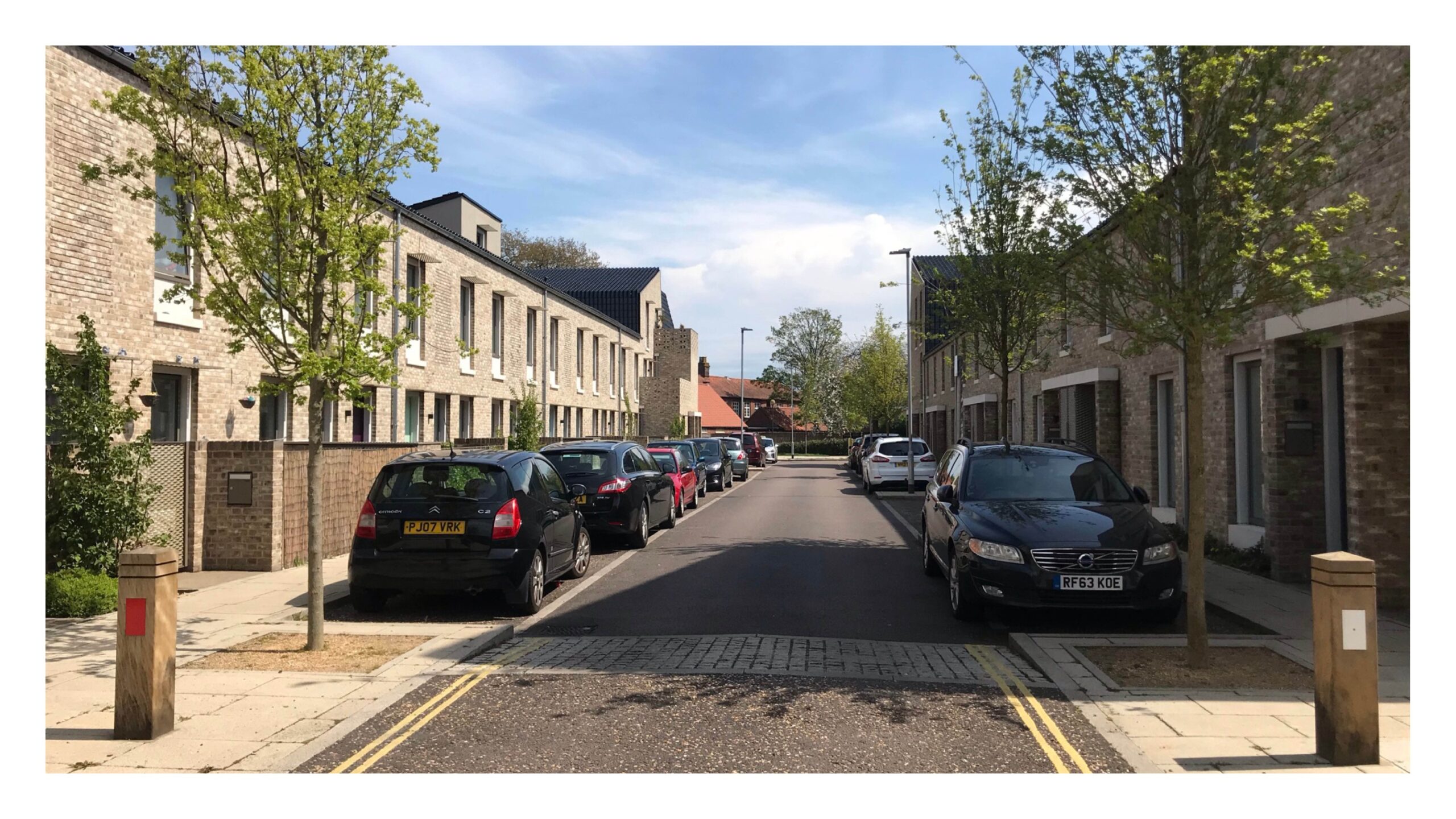 Regular street trees and on-street parking provide 'edge friction'. Goldsmith Street, Norwich.