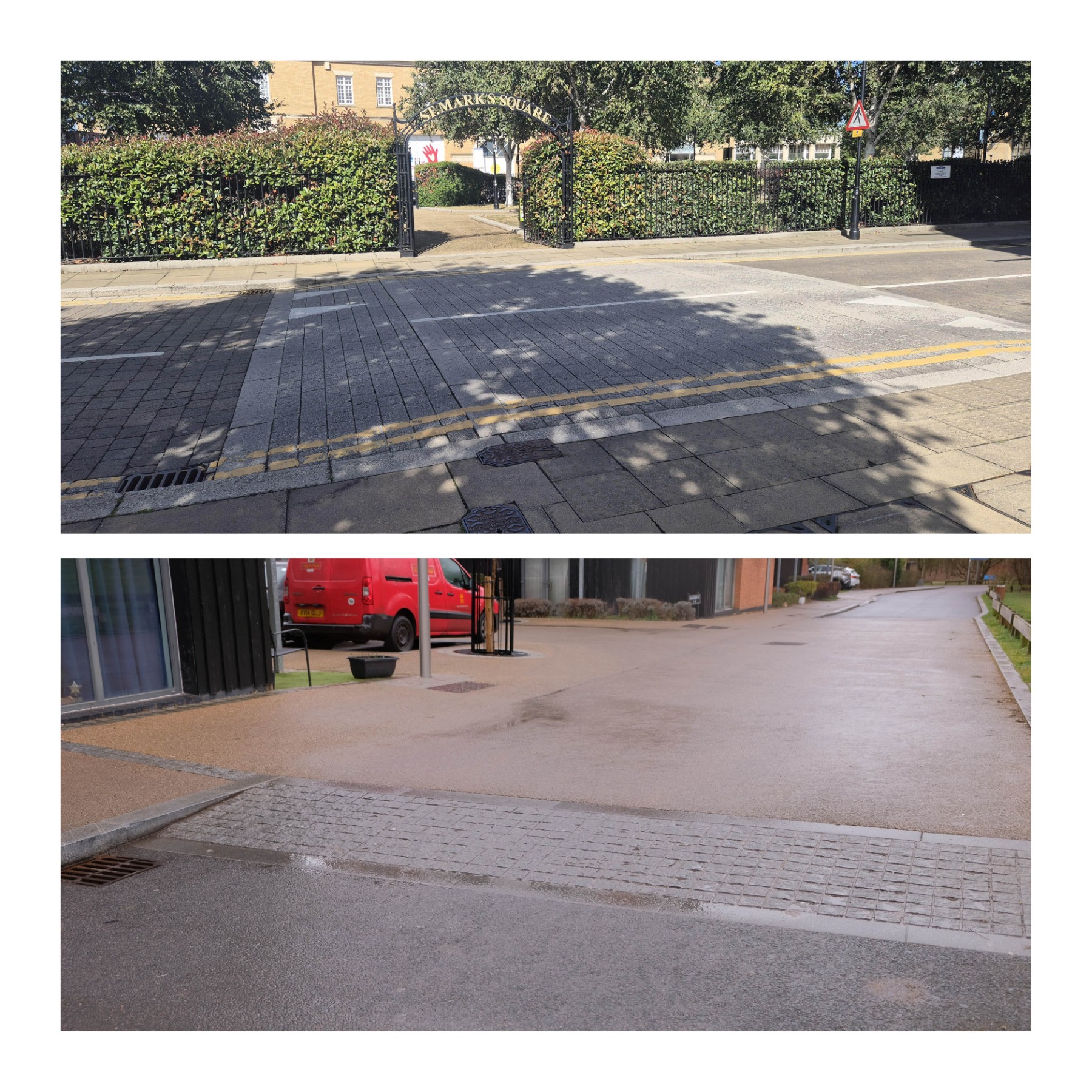 Raised crossing, Lincoln, and a raised table at a junction. Newhall, Harlow.