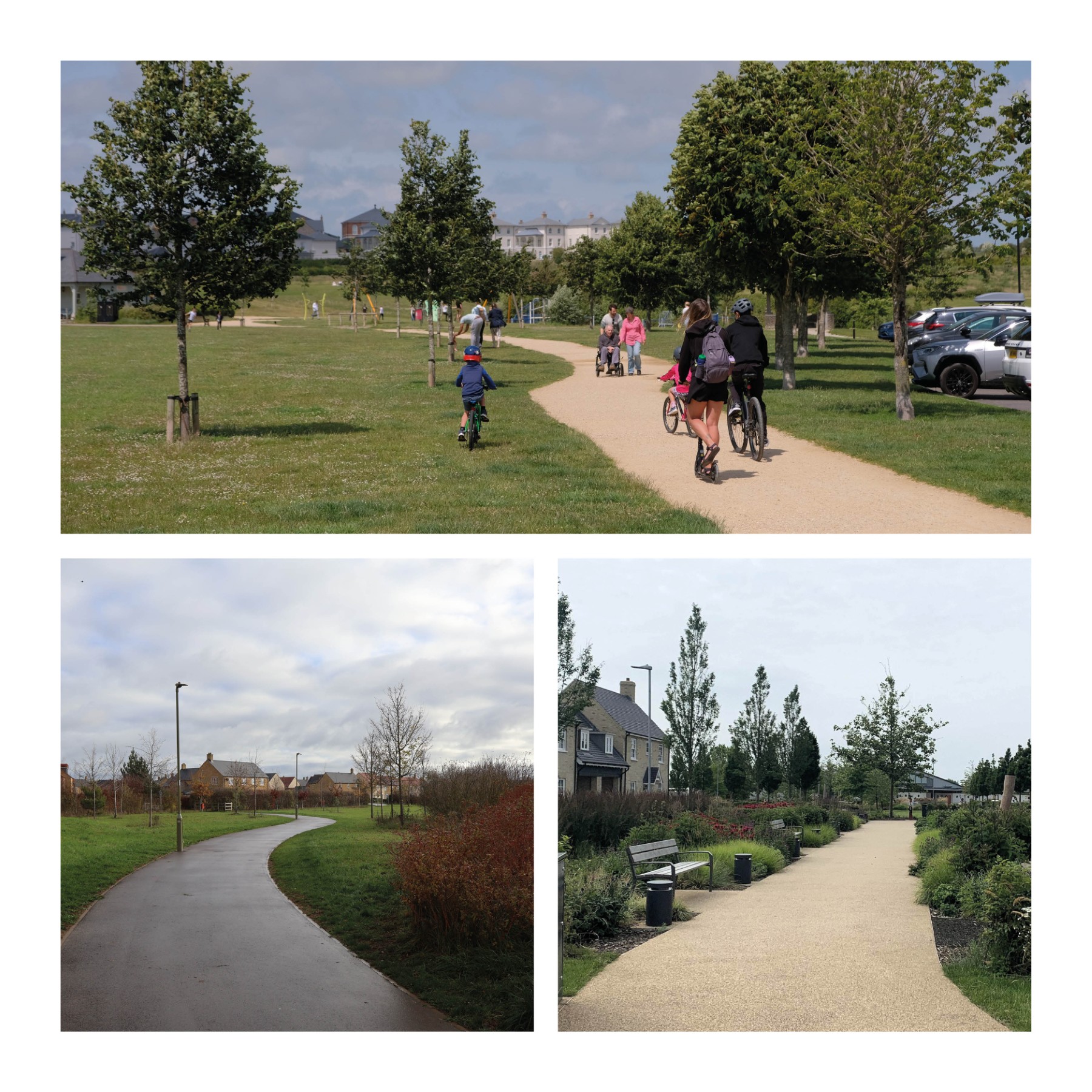 Examples of walking routes in Poundbury, Alconbury Weald and Kingsmead, Oxfordshire.