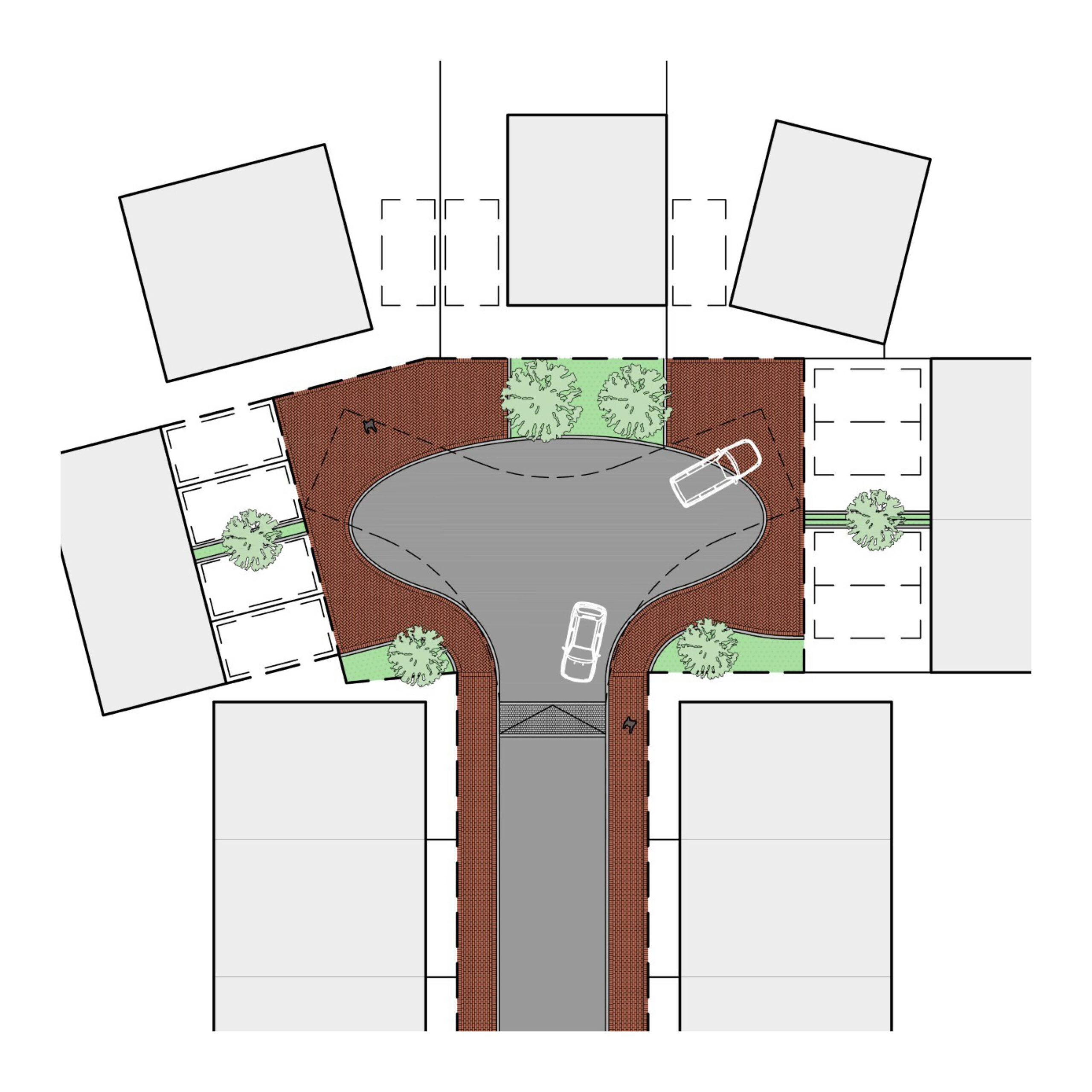 Diagram of a turning head designed as a place integrating greenery, trees, and a range of materials. On-plot parking is used to help control nuisance parking.