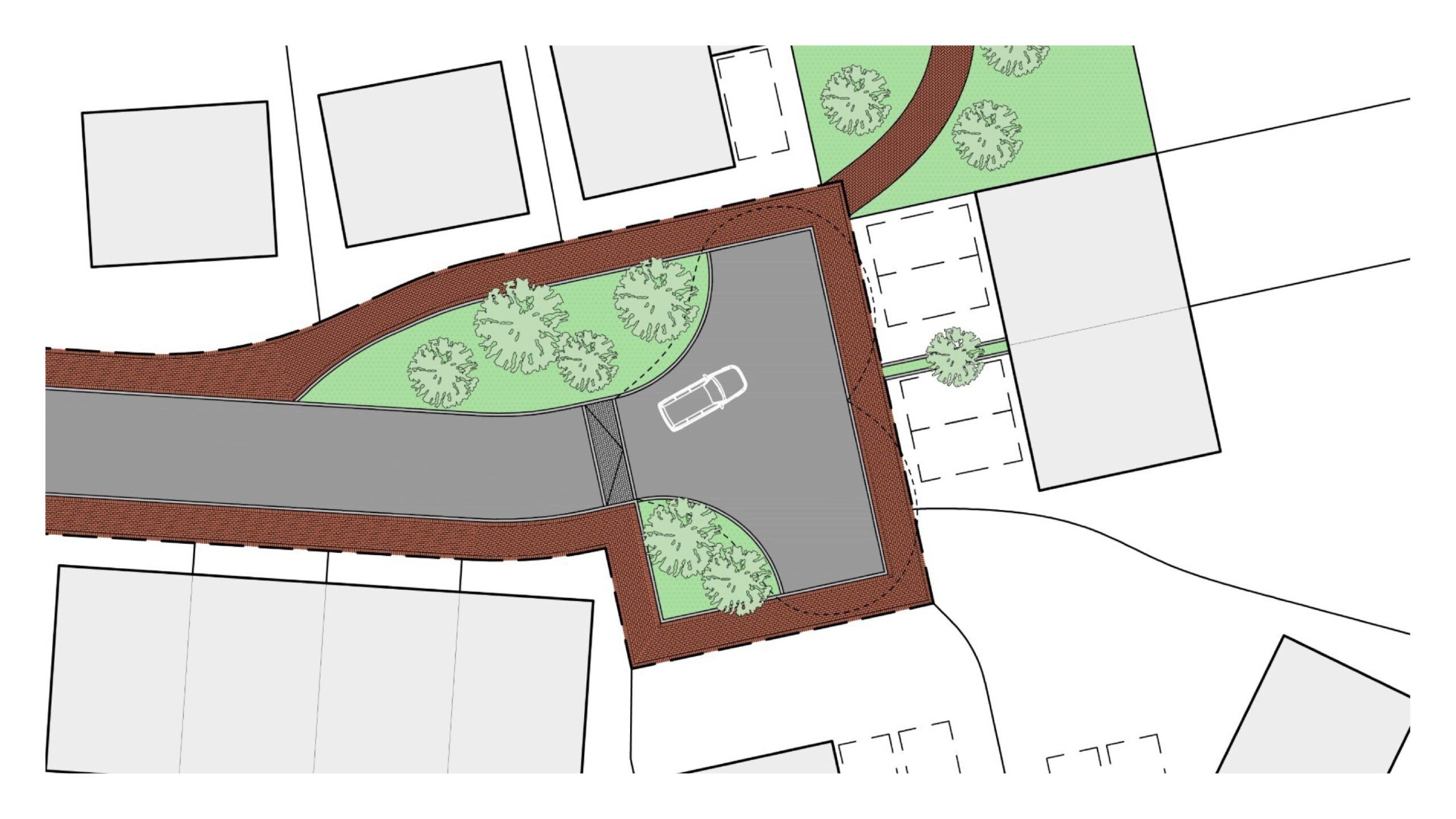 Diagram of a turning head designed as a place integrating greenery, trees, and a range of materials as well as pedestrian connectivity.