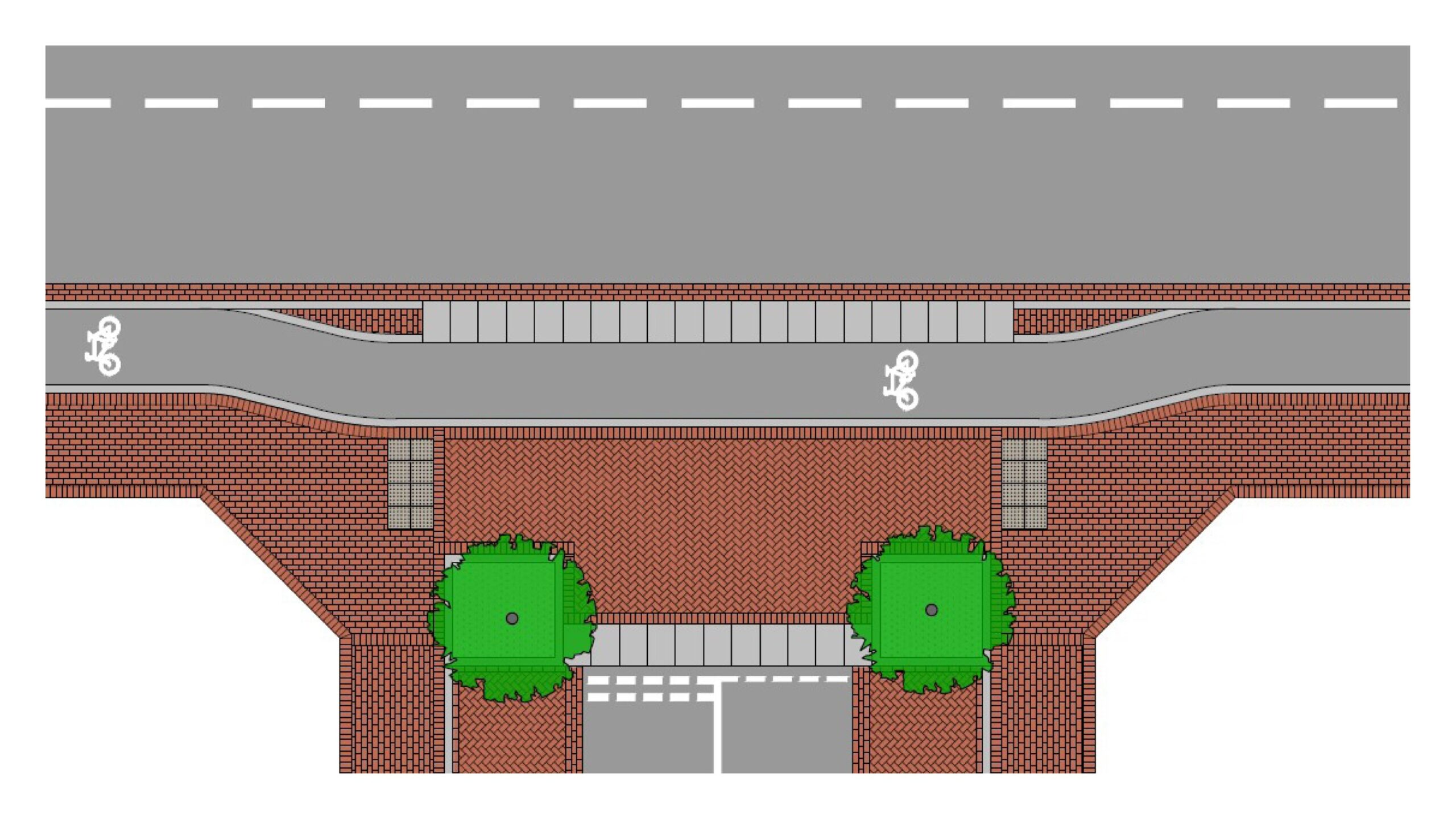 Indicative layout of a Copenhagen crossing at a street junction with a cycle lane.