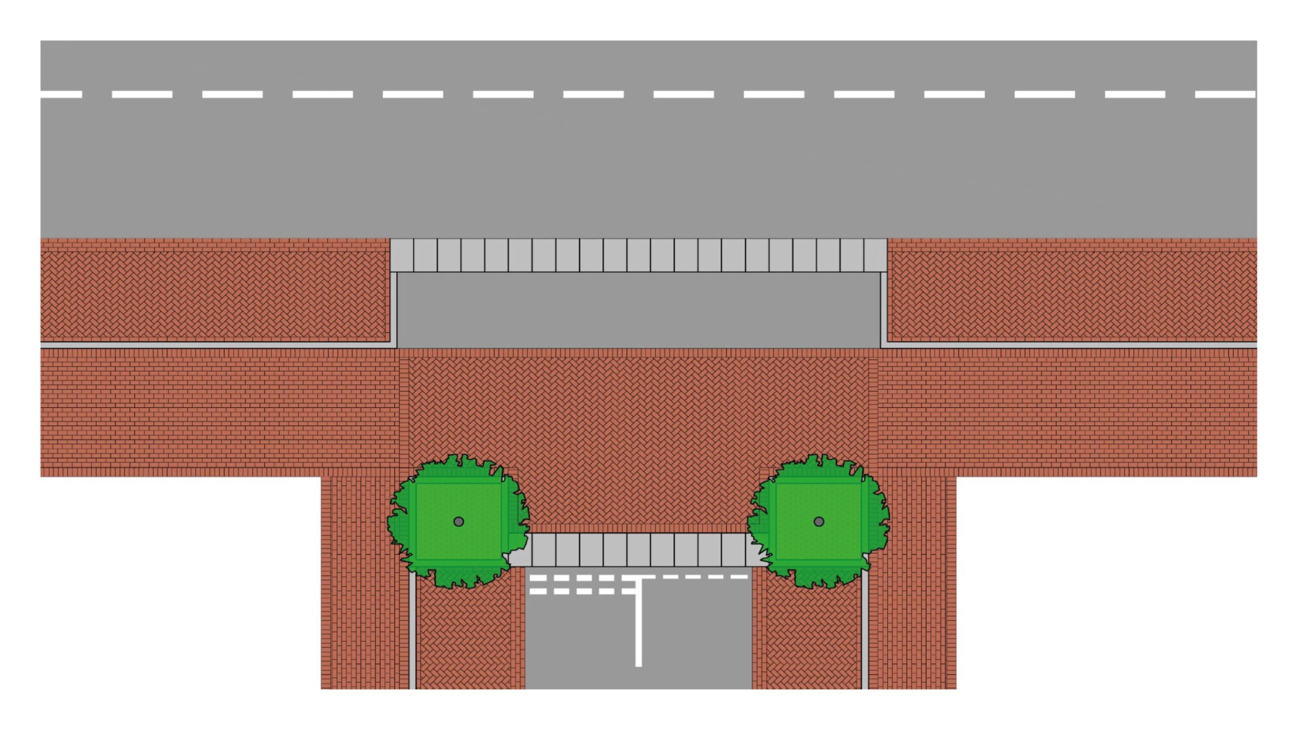 Diagram to show indicative layout of a Copenhagen crossing at a street junction with on-street parking,