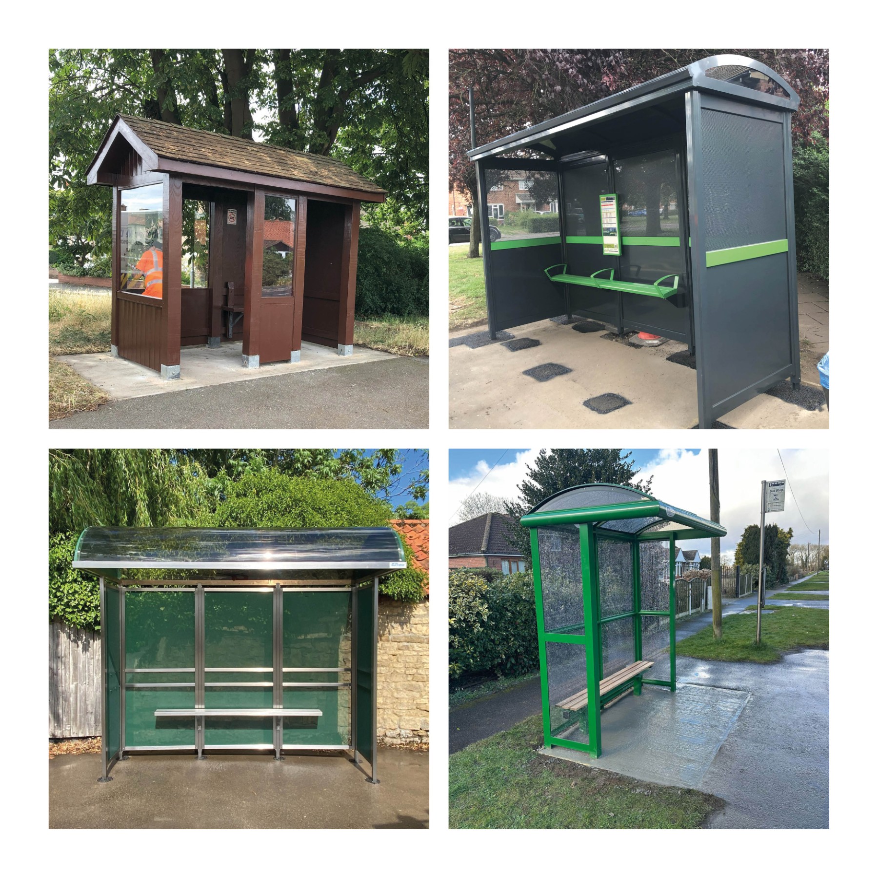 Examples of bus shelters in Lincolnshire in rural and urban contexts.