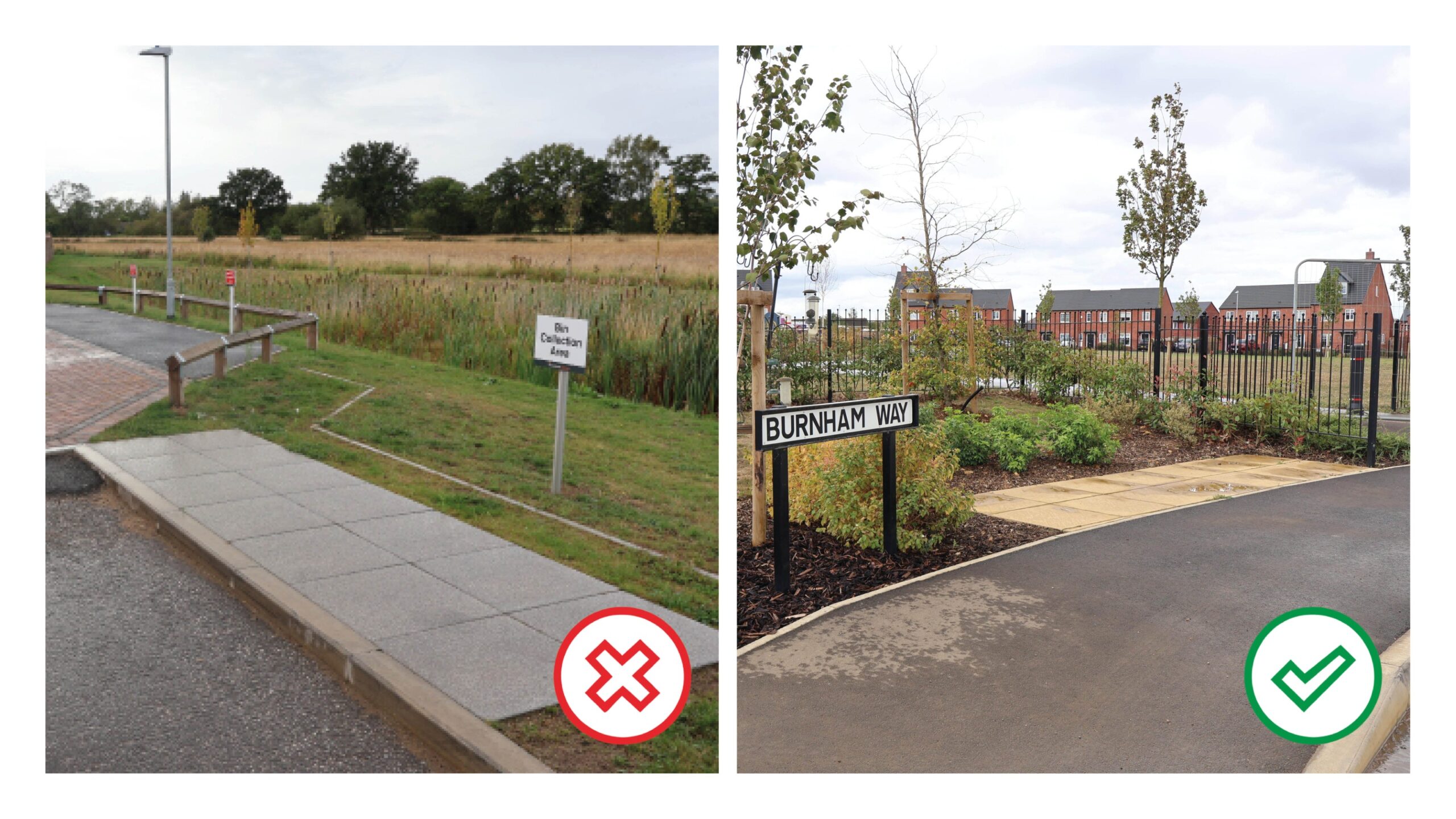 Examples of hard surfaced bin collection points. Market Rasen and Sleaford. Note the latter is well integrated with greenery to help screen it, and is located on the rear of the pavement with level access from the street.