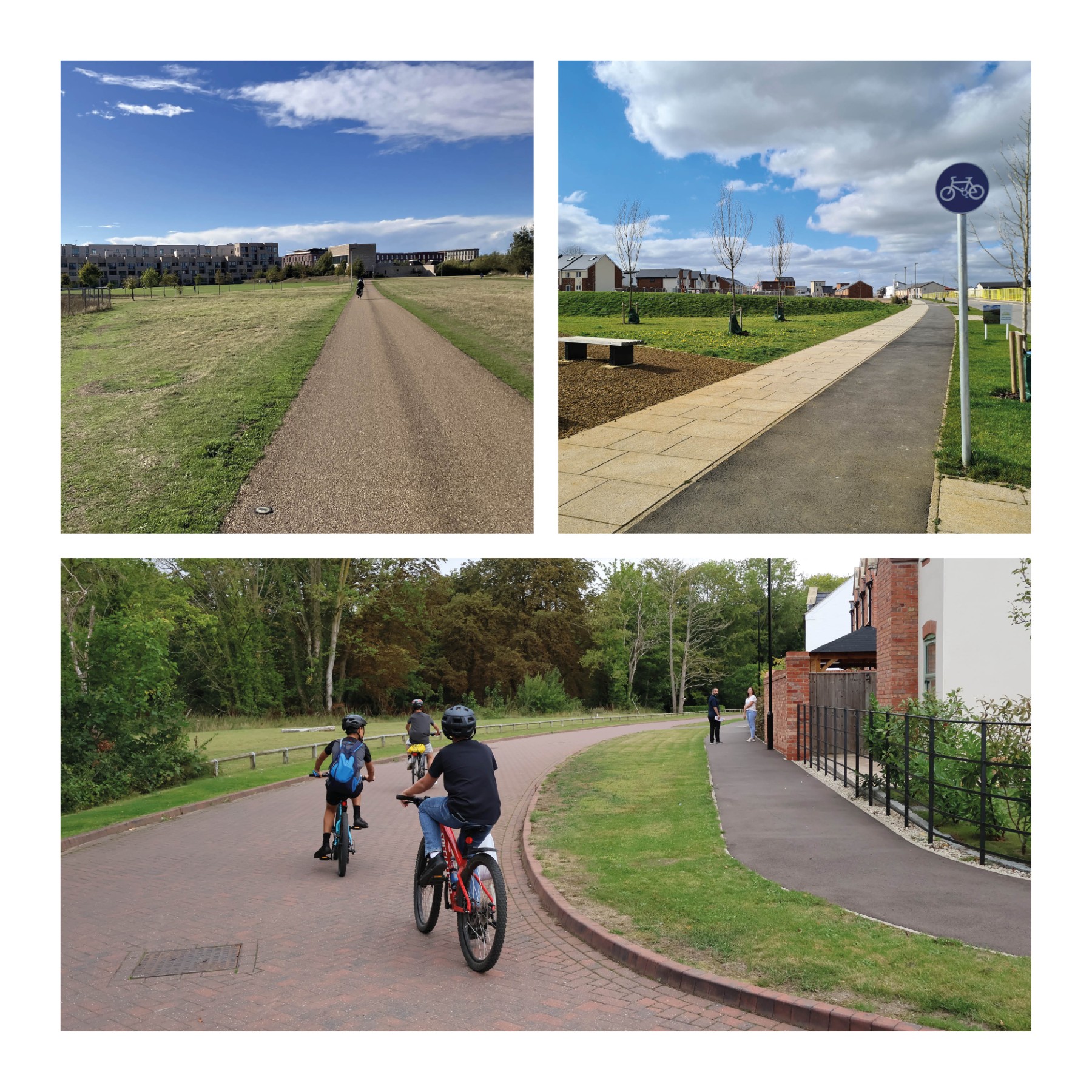 Examples of off-street, segregated and shared cycling provision. Eddington, Cambridge; Craven Hill Oxfordshire; Sudbrooke.