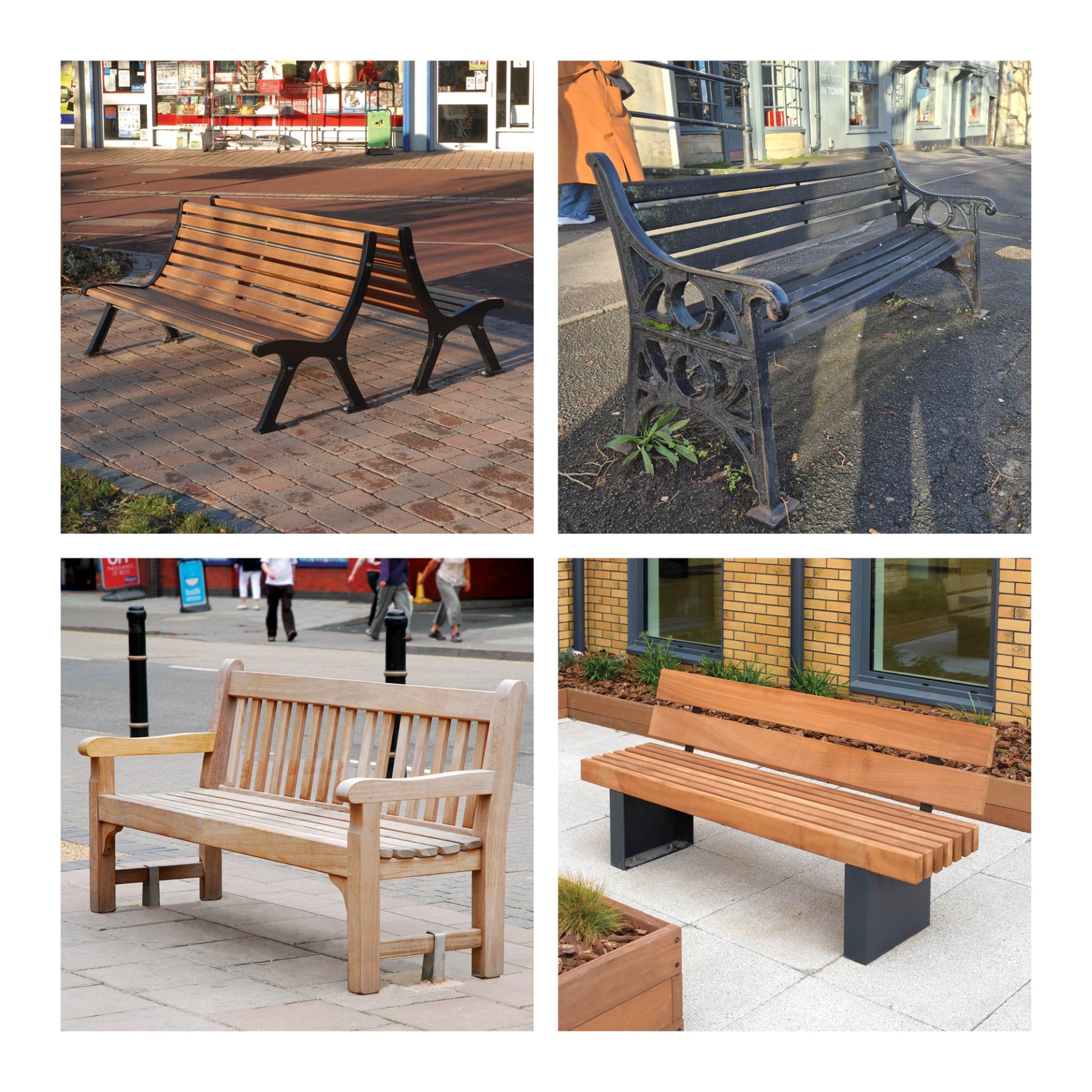 Examples of appropriate benches with backs and arm rests.