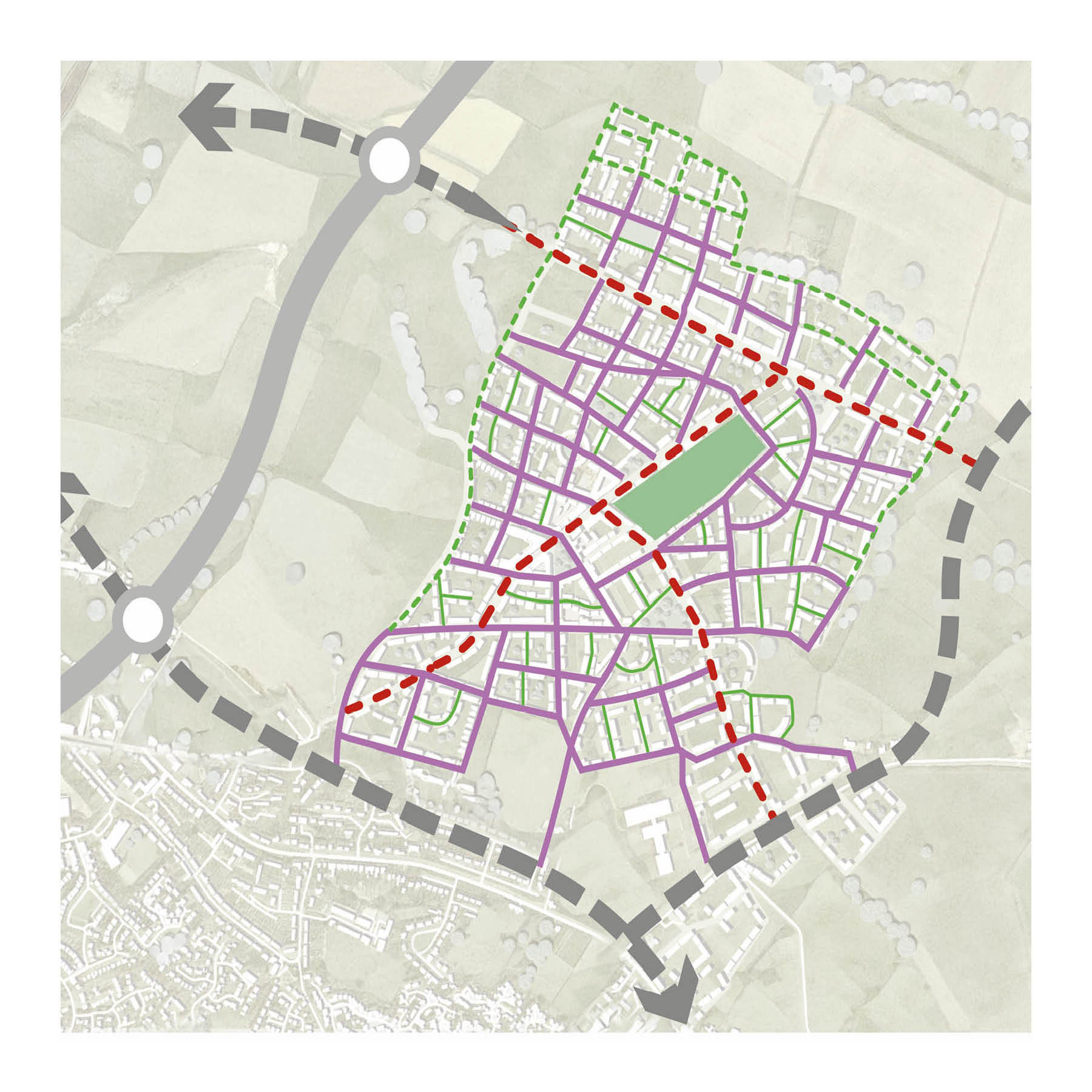 The Lincolnshire Better Streets hierarchy (diagrammatic layout applied to a site of over 1,000 homes).