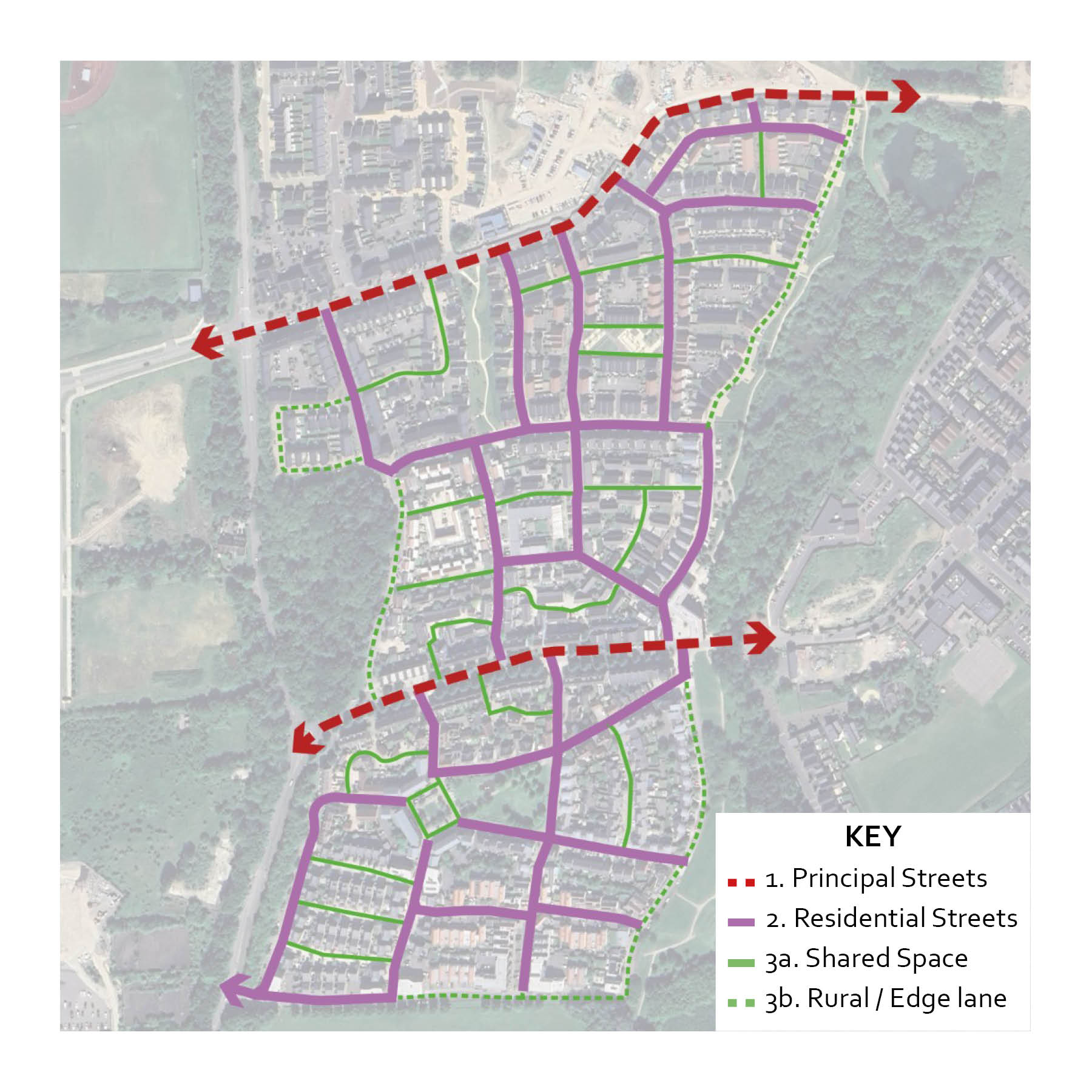 Newhall, Harlow - A very large development (2,100 homes on completion) designed around a permeable network of streets - Principal, Residential and Tertiary streets are clearly visible and follow a logic hierarchy.