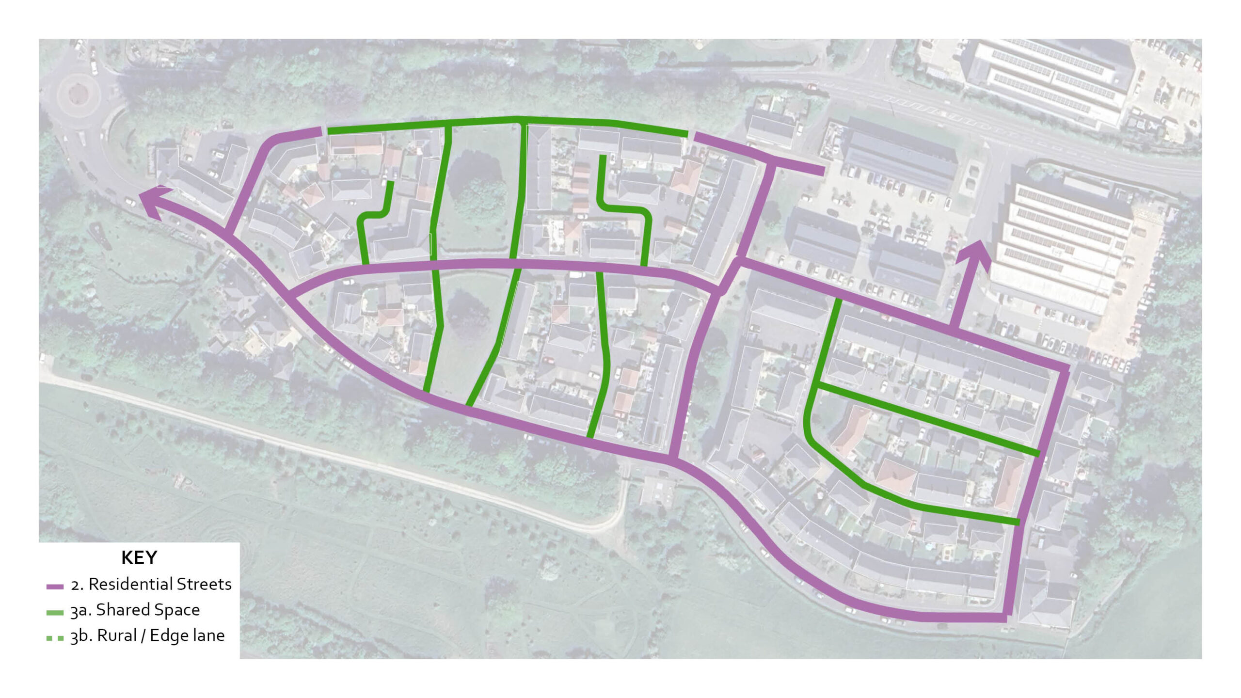 Bradford on Avon - A medium scheme (138 homes) with a permeable network of Residential streets with Tertiary streets in between. Given the size of the development there is no need for a Principal street.