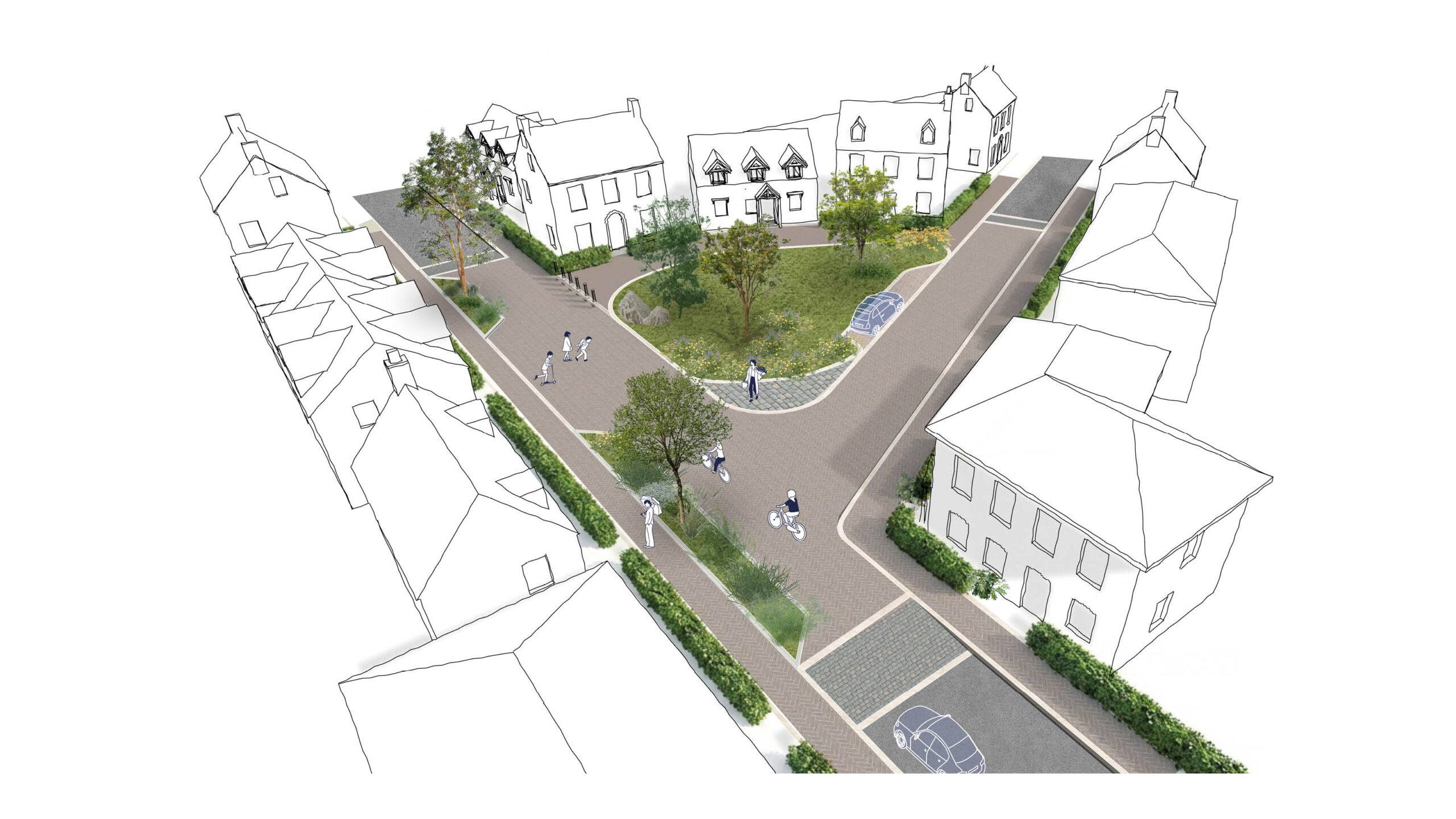 Example of a junction designed as a 'place' at a key junction through a change of material and creation of a village green.