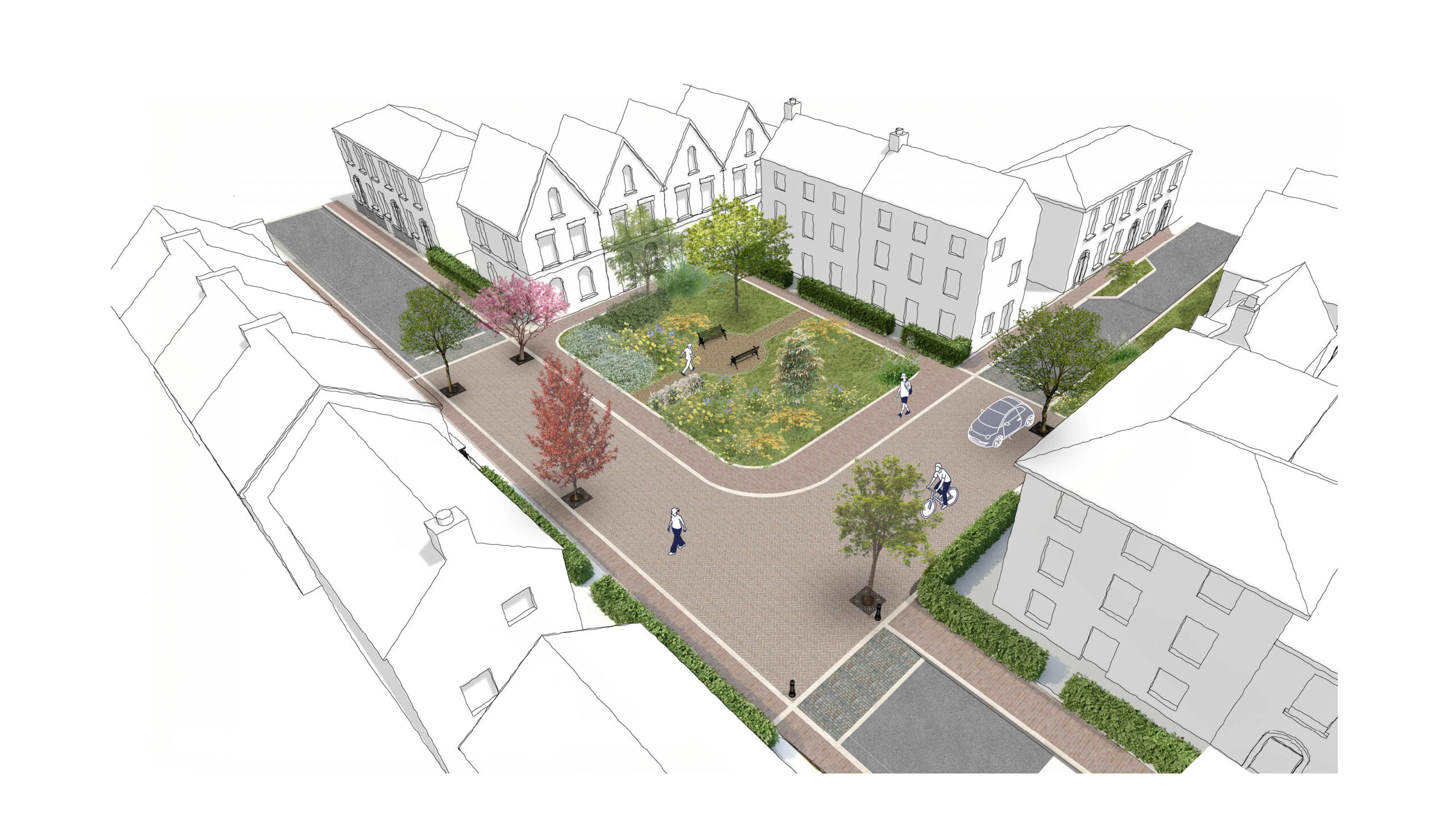 Example of a junction designed as a 'place' defined by a change of material and street trees and well enclosed by homes on all sides.