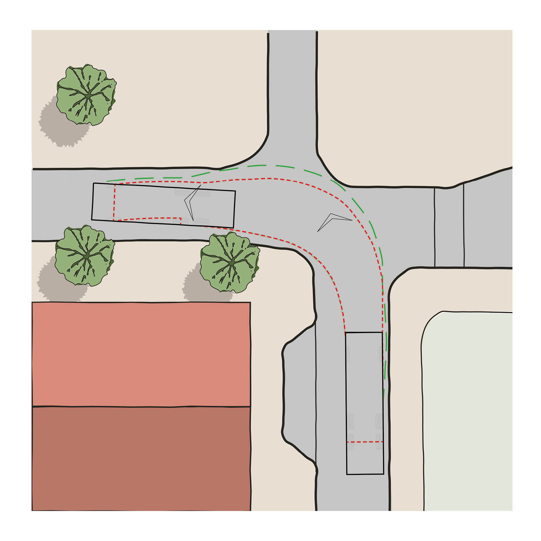 Diagram of swept path analysis (vehicle tracking) of a refuse vehicle on tight corner. Note that the vehicle uses both sides of the street.