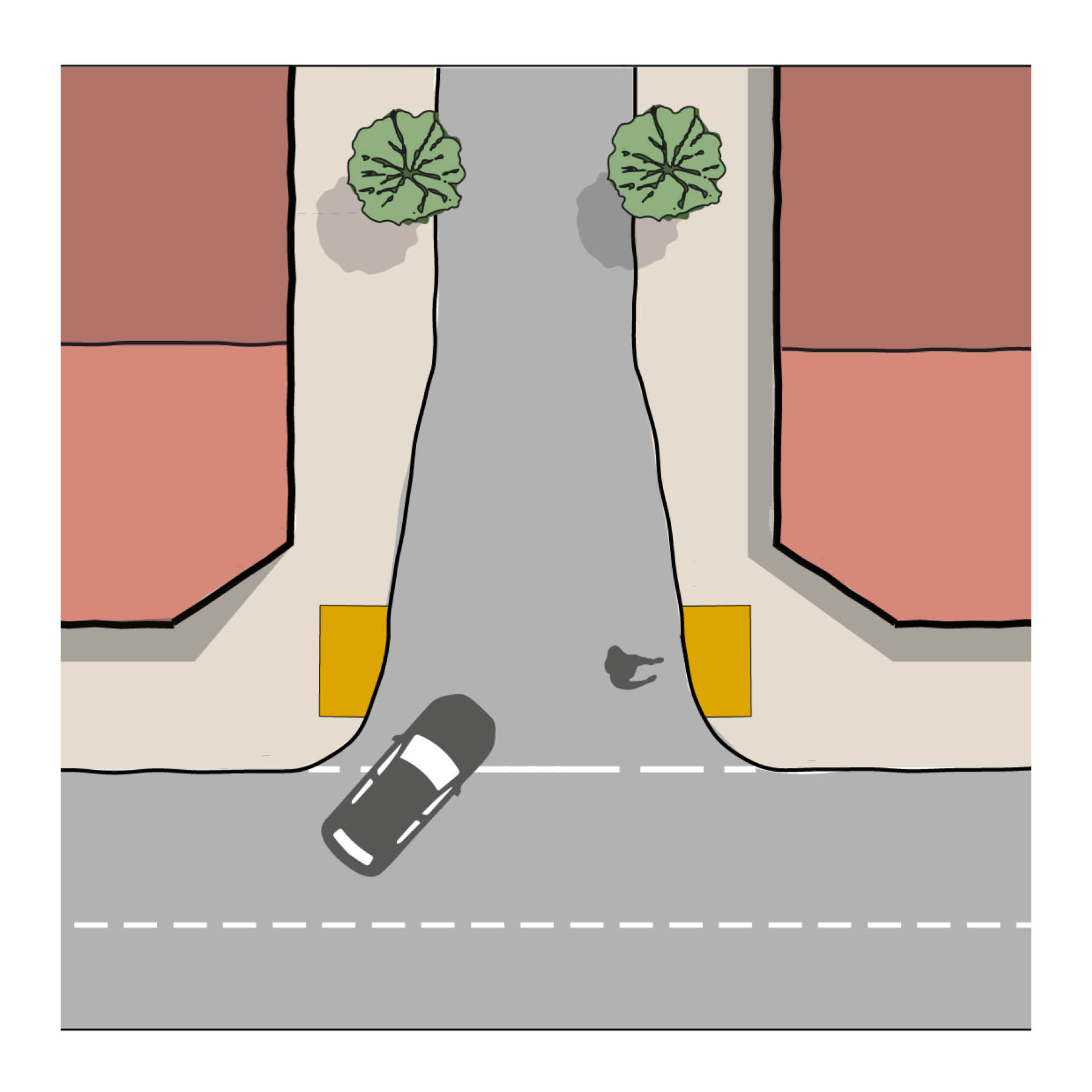 Widening the junction for the first few metres can allow easier manoeuvring without large radii.