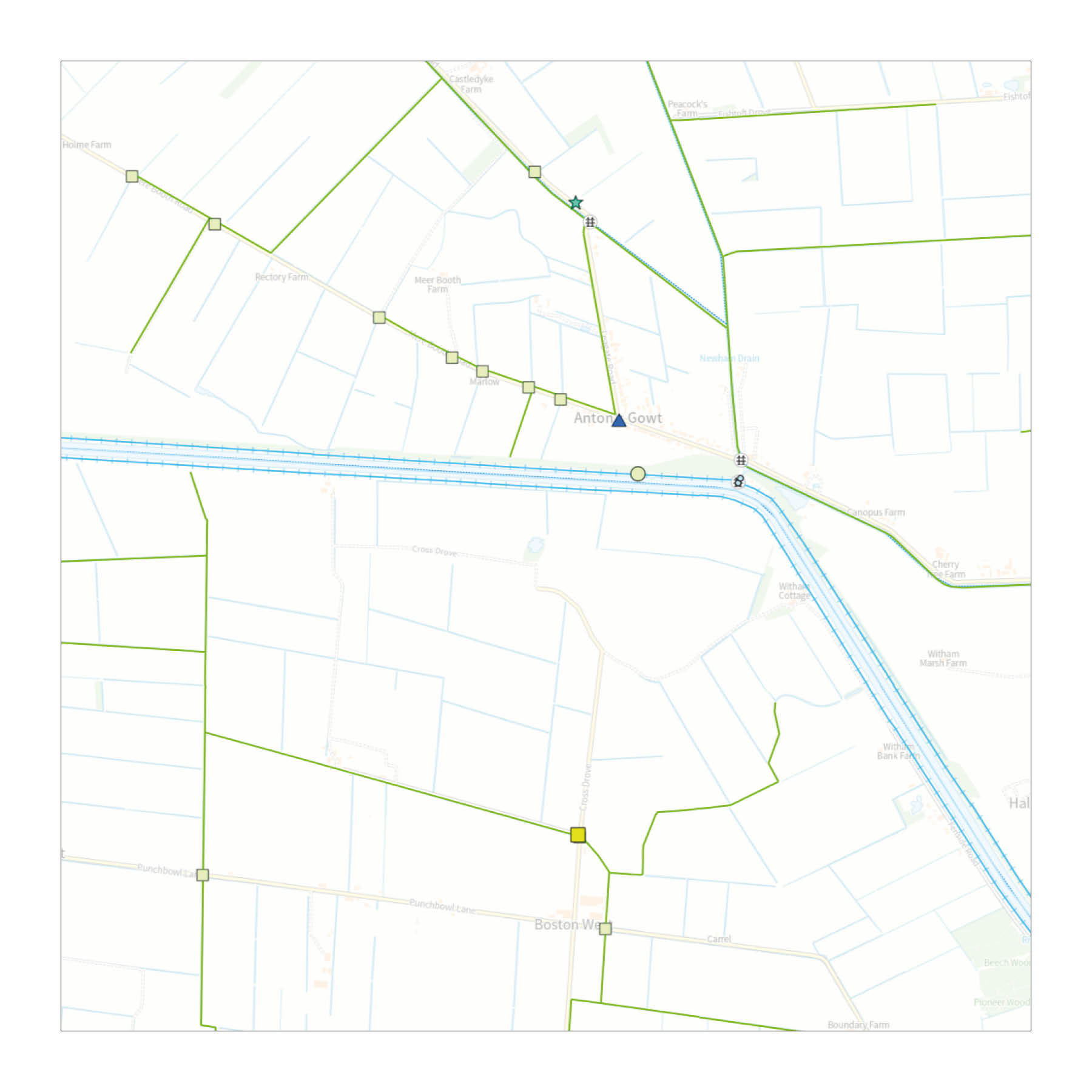Extract from the LCC asset map showing Environment Agency main rivers (light blue), and IDB drains (green).
