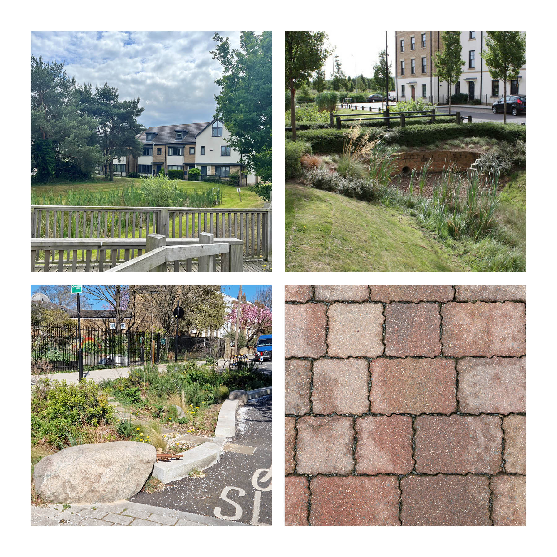 Examples of swales, rain gardens, permeable paving (Susdrain, top right)