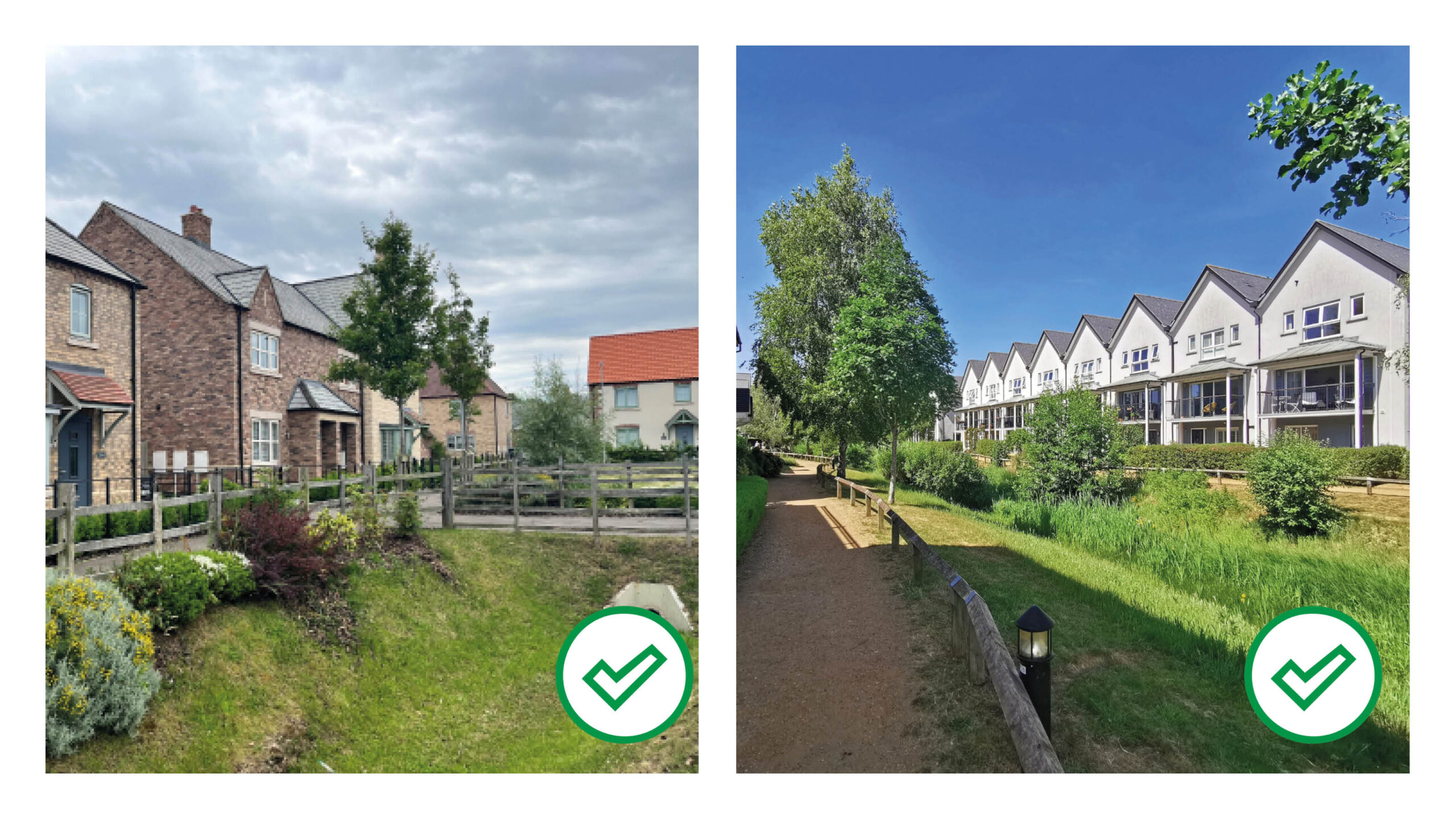 Examples of well-designed swales. Lodge Lane, Nettleham and Watercolour Redhill, Surrey