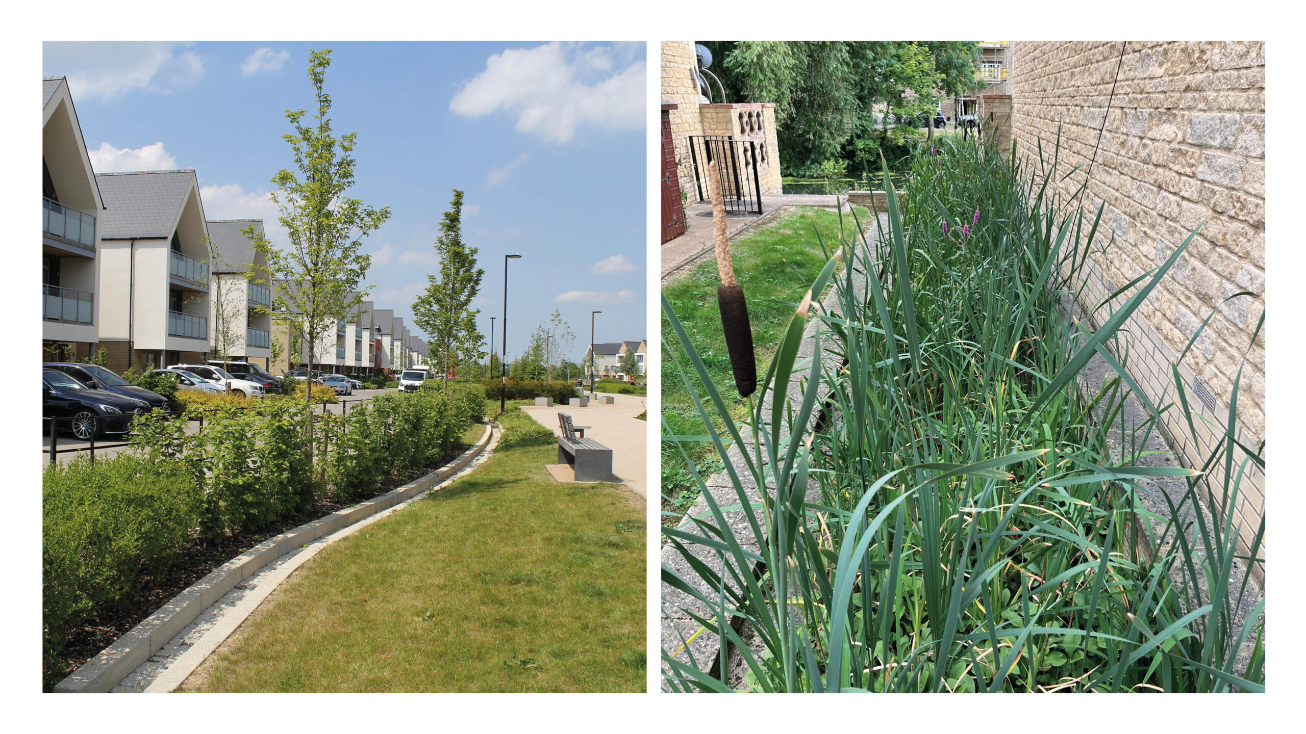 Examples of hard landscaped rill channels. Beaulieu, Chelmsford (Homes England) and Riverside Court, Stamford