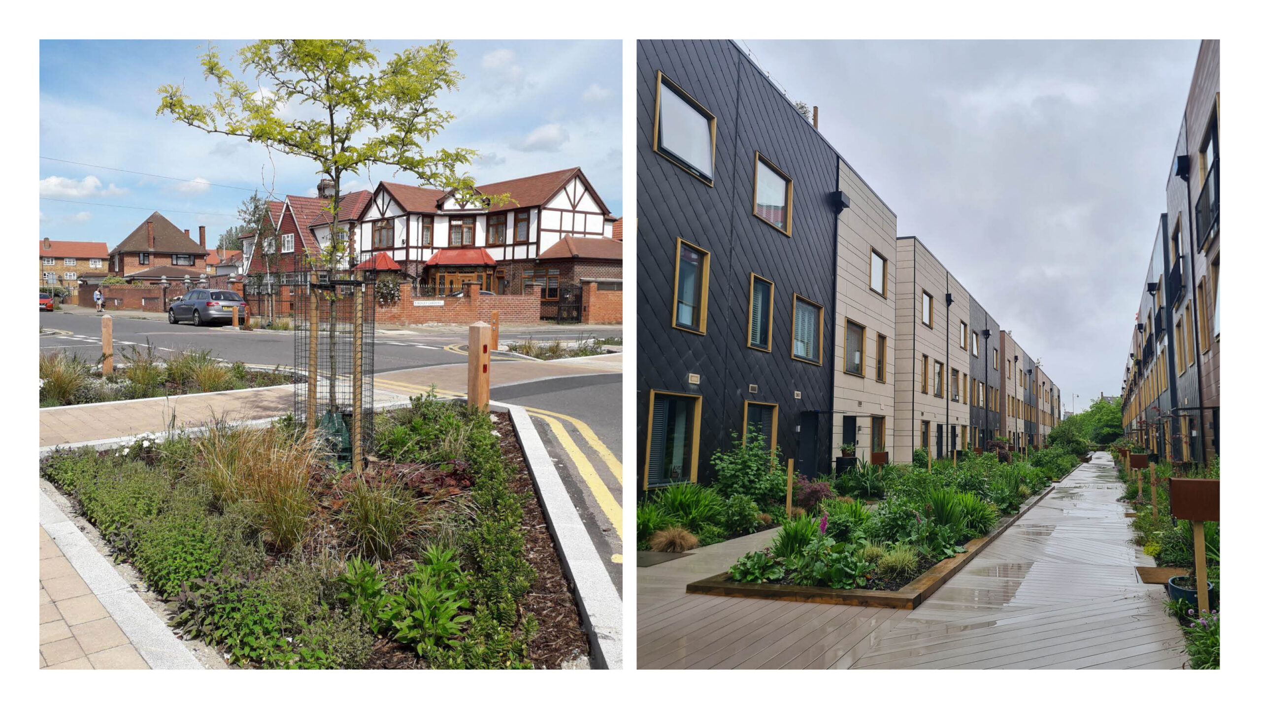Examples of well-integrated rain gardens. Enfield (Enfield Council) and Leeds.