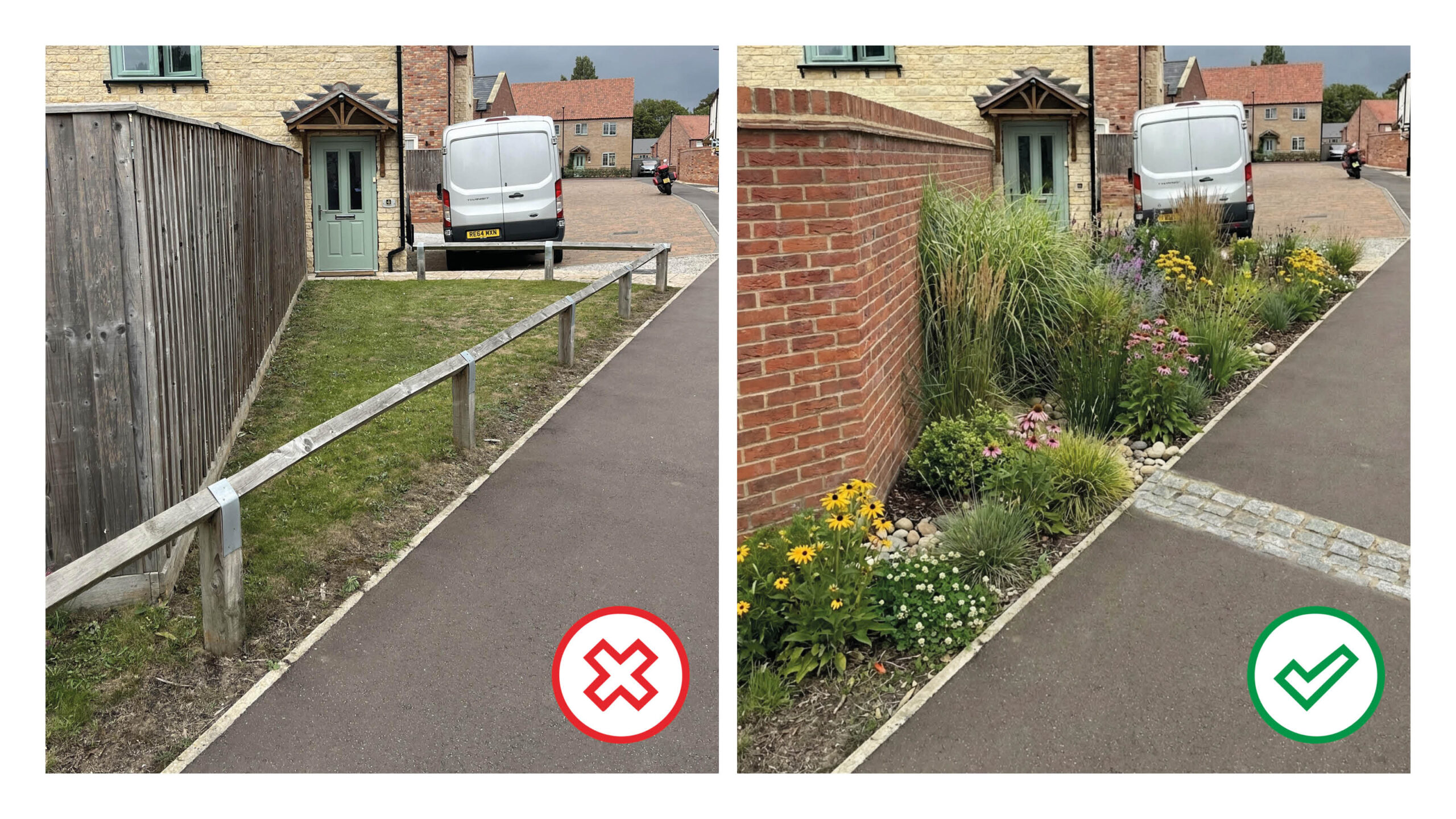 Left over spaces, such as this one, could be put to better use as a small rain garden where levels permit. Note that this space would be much improved with a brick garden wall rather than a fence.