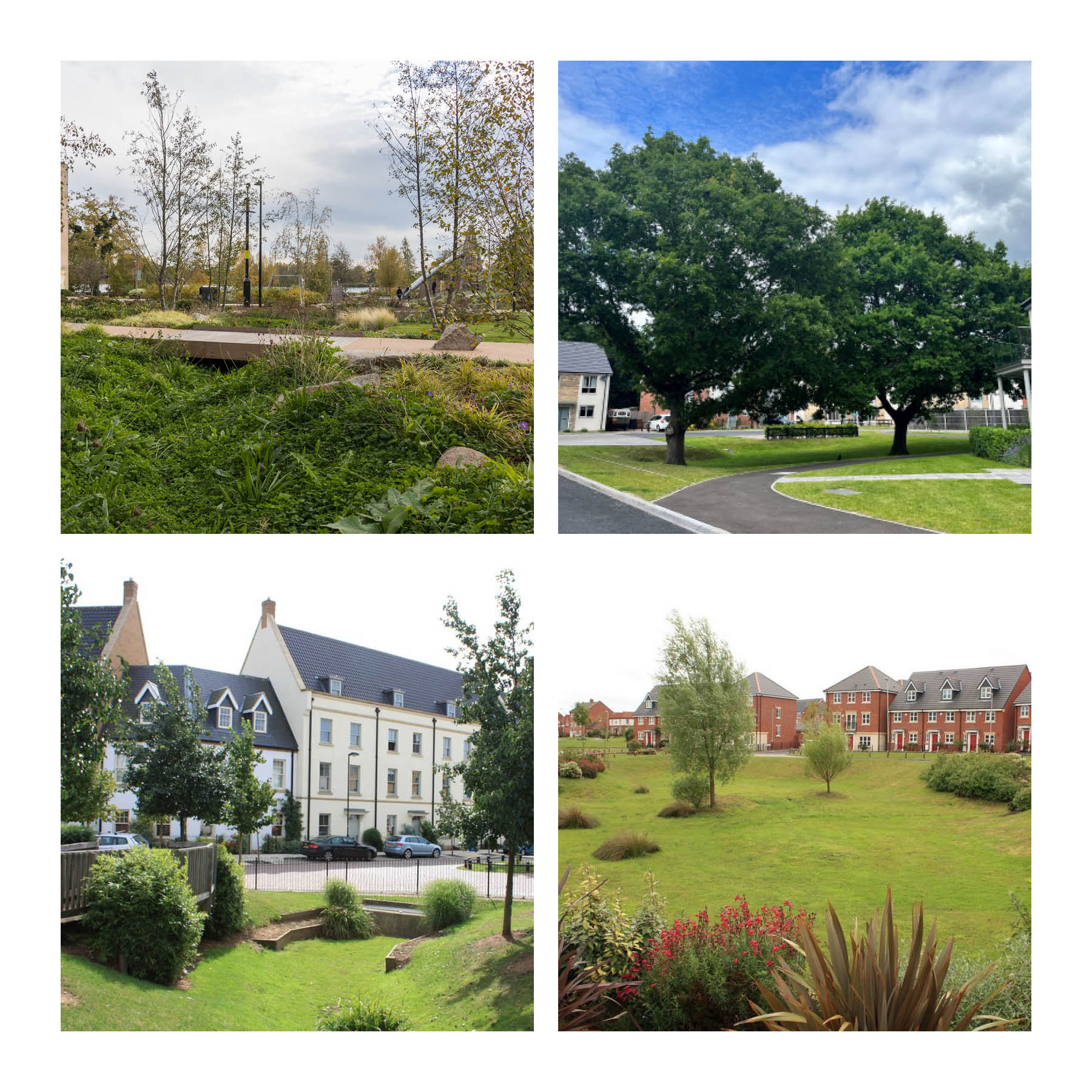 Examples of well-designed, multifunctional basins. Clockwise: Woodbury Down (Susdrain); Westbrooke Road, Lincoln; Hamilton, Leicestershire (Susdrain); Upton, Northamptonshire (Susdrain)