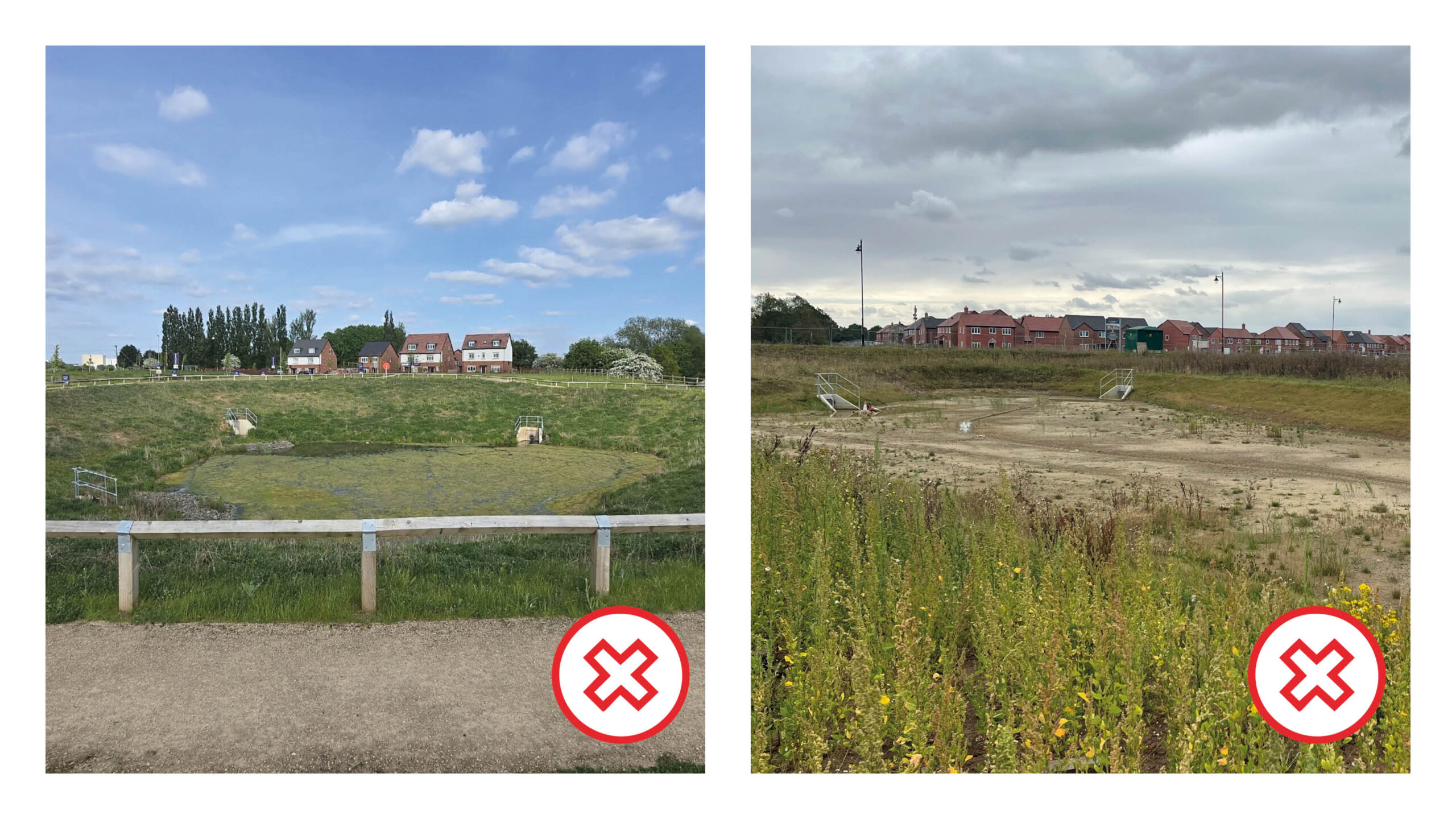 Poor examples of basins. Over-engineered basin with steep slopes, bare grass and fencing.