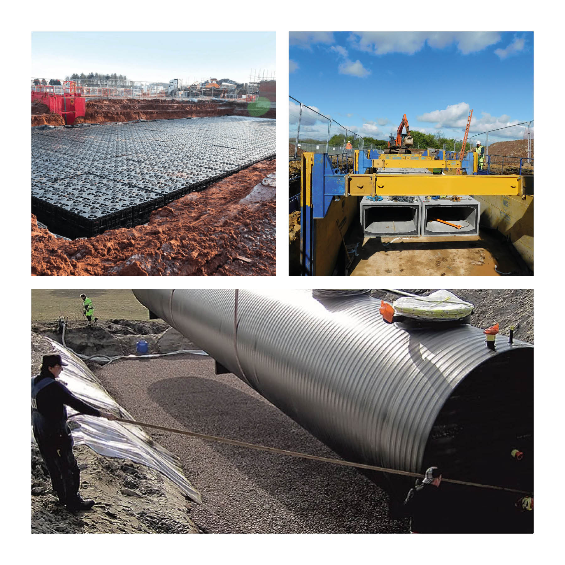 Examples of underground storage systems. Aquacell attenuation system, concrete box culverts, and Weholite oversized pipes.