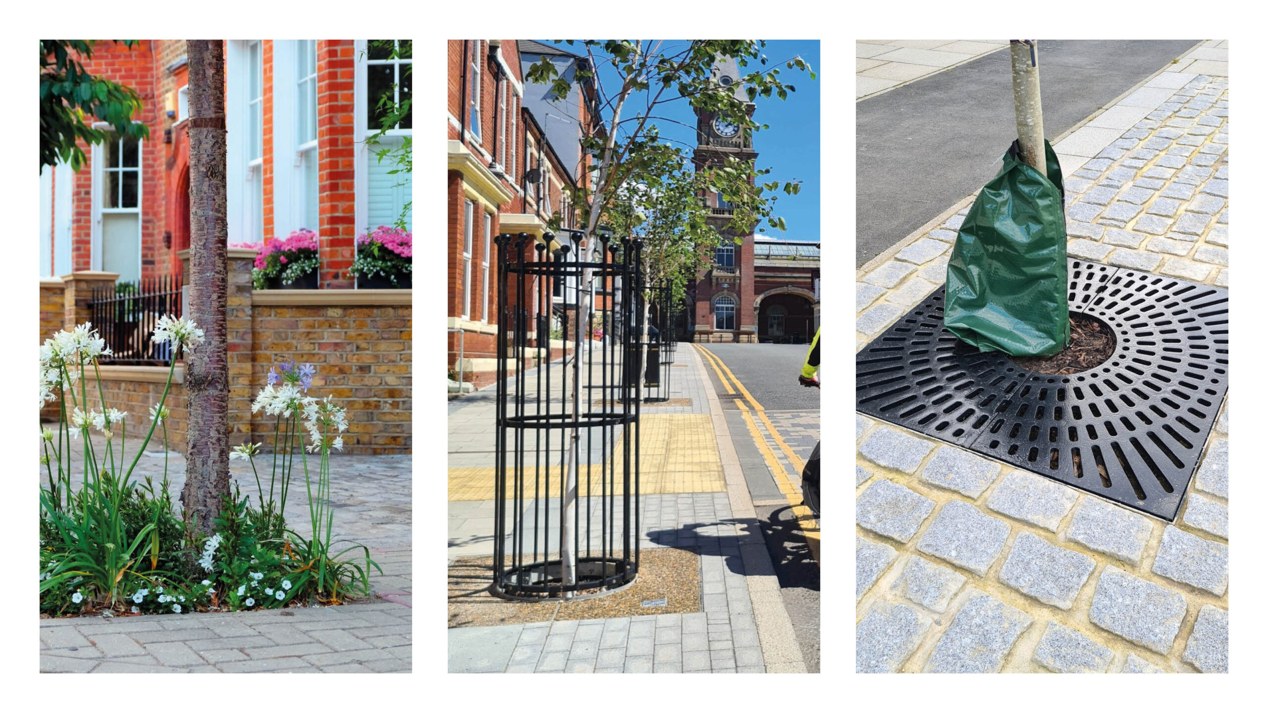 Examples of tree pits within the footway. Fulham, Darlington, and Graven Hill, Bicester.