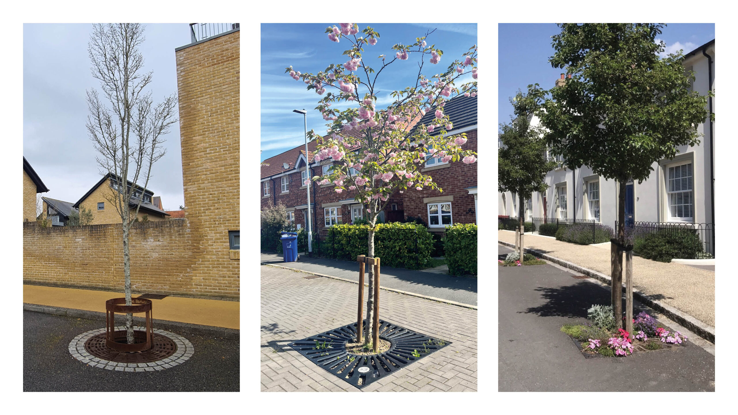 Examples of tree pits within the carriageway: Newhall, Essex, Gainsborough and Poundbury, Dorset.