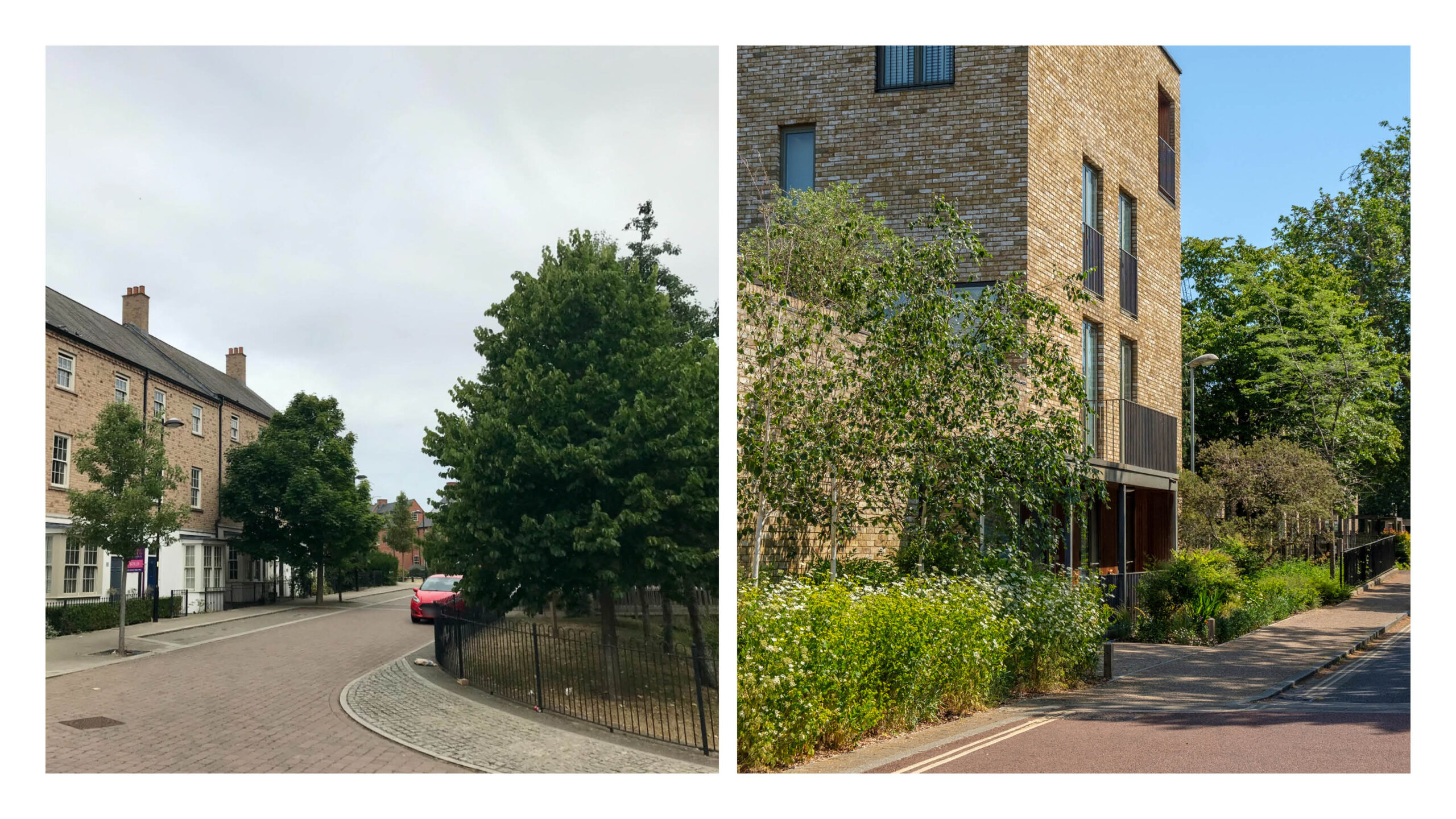 Examples developments with a mix of greenery distributed throughout the site. Upton, Northamptonshire and Accordia, Cambridge