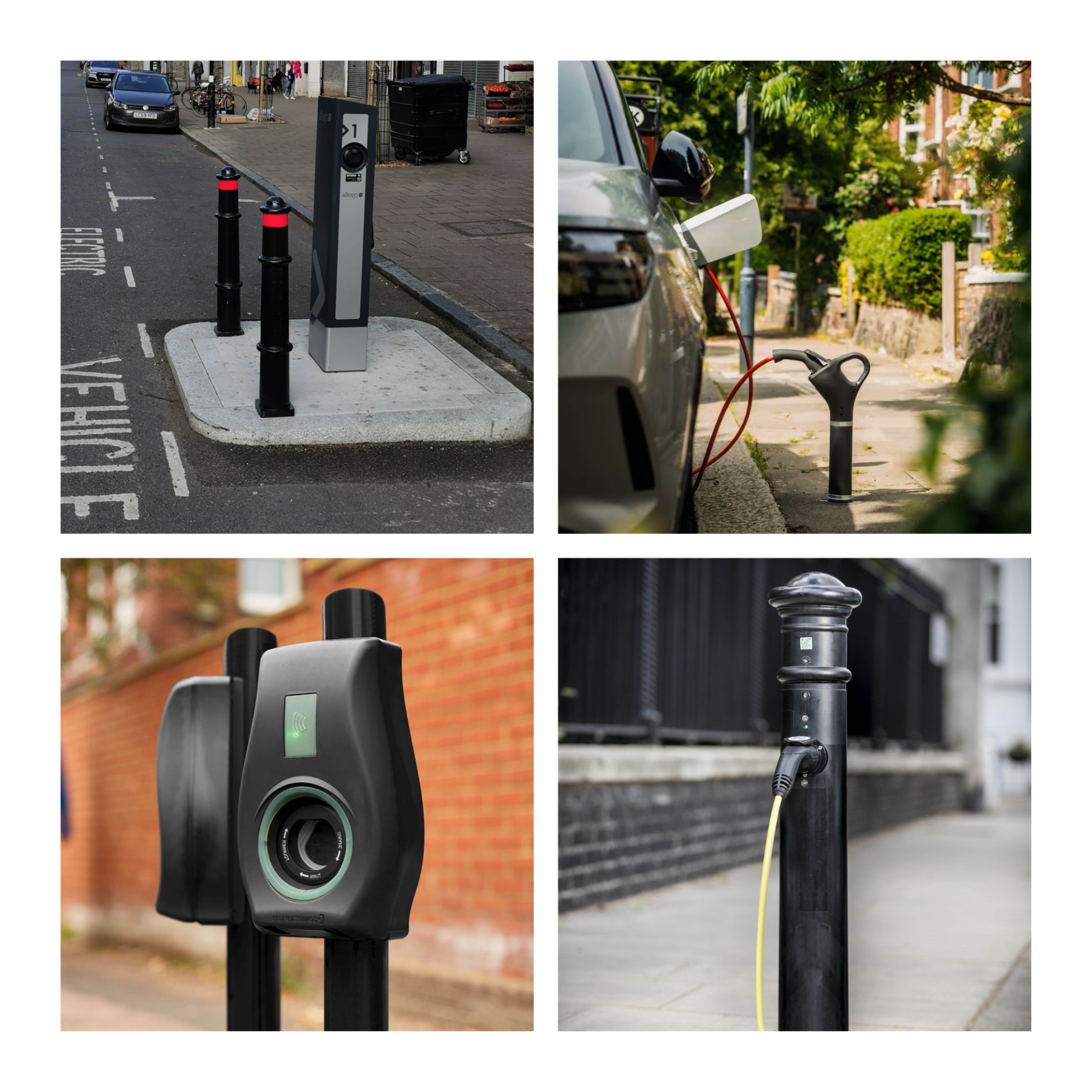 Examples of on-street EV charging. Fast chargers in a buildout, flush charging points(Trojan Energy) bollard charging points, post mounted charging points (Connected Kerb).
