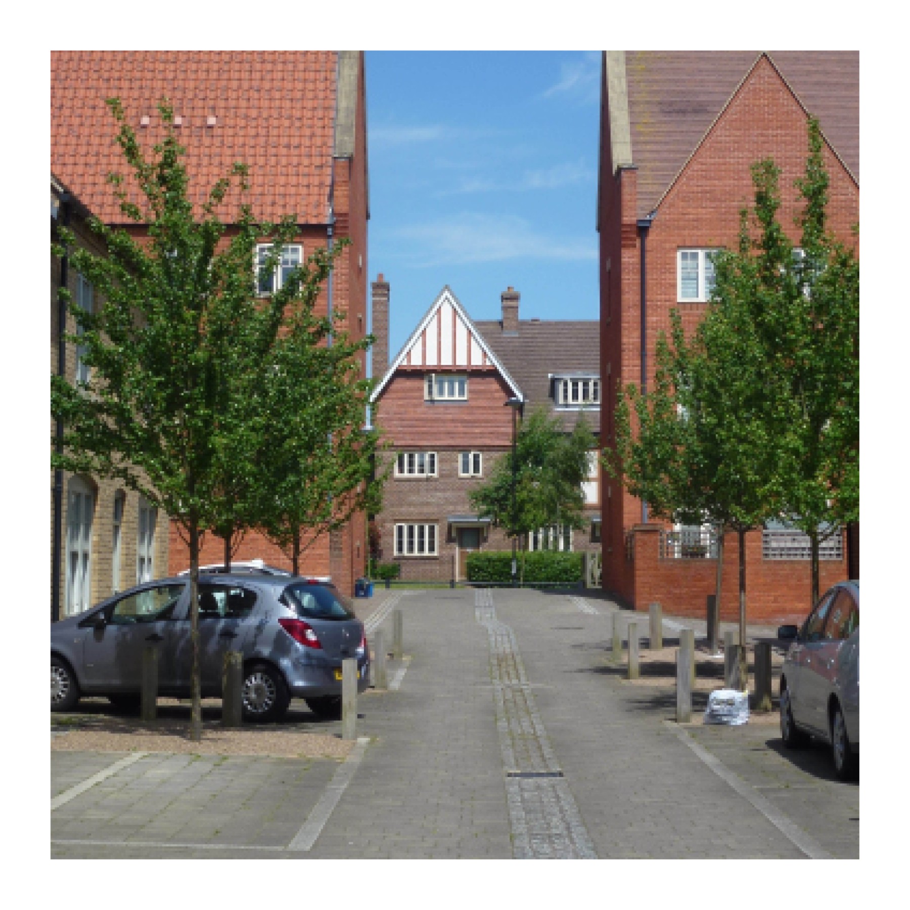 On-street parking broken up with street trees, Upton, Northamptonshire.