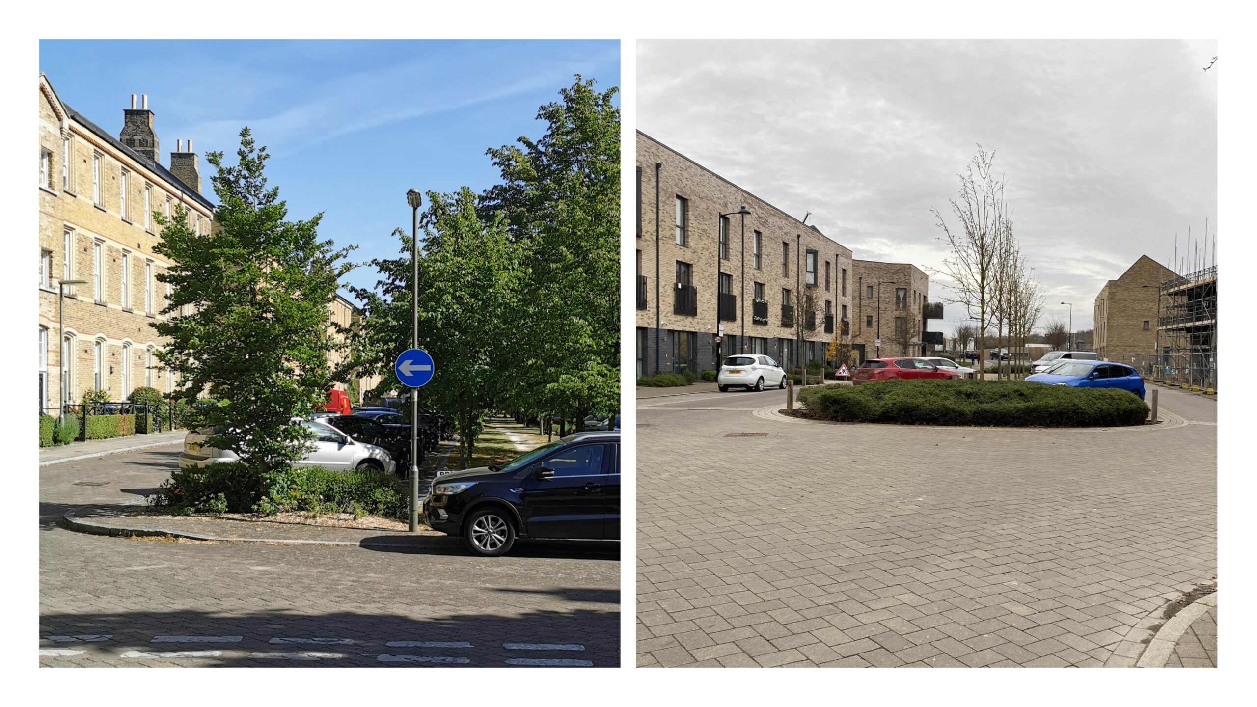 Examples of central reservation parking. Caterham Barracks, Barton Park Oxfordshire (Homes England)