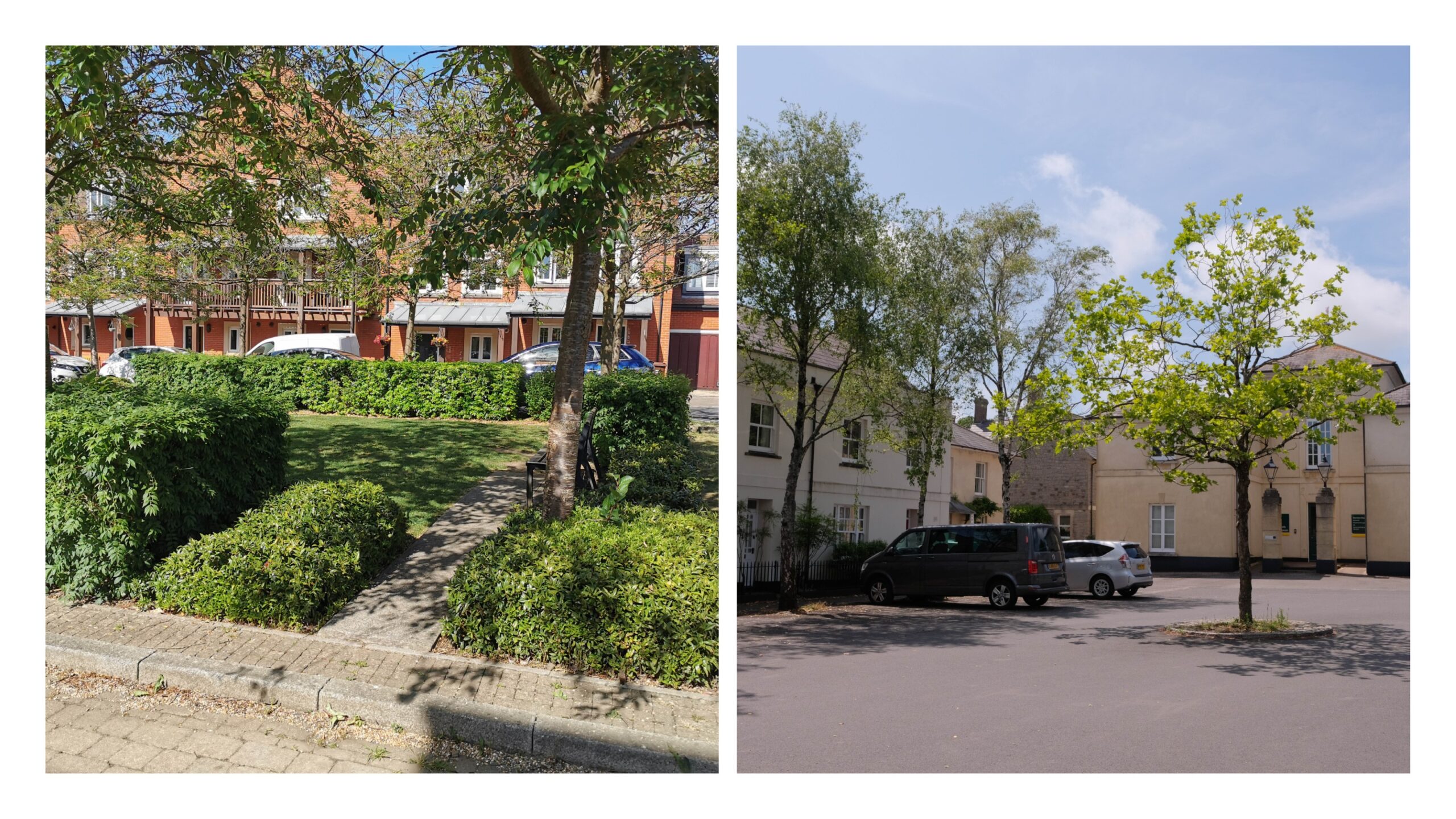 Examples of parking squares. Caterham Barracks – this site integrates parallel parking around a small garden square. The second example is Burraton Square in Poundbury. This is a dedicated parking area framed by buildings and softened with multiple trees.