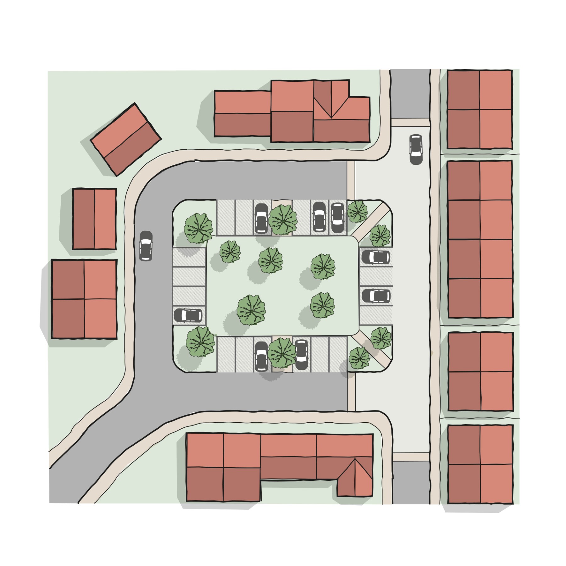 Diagram of a parking square designed as a traditional garden square, with parking on the edge.