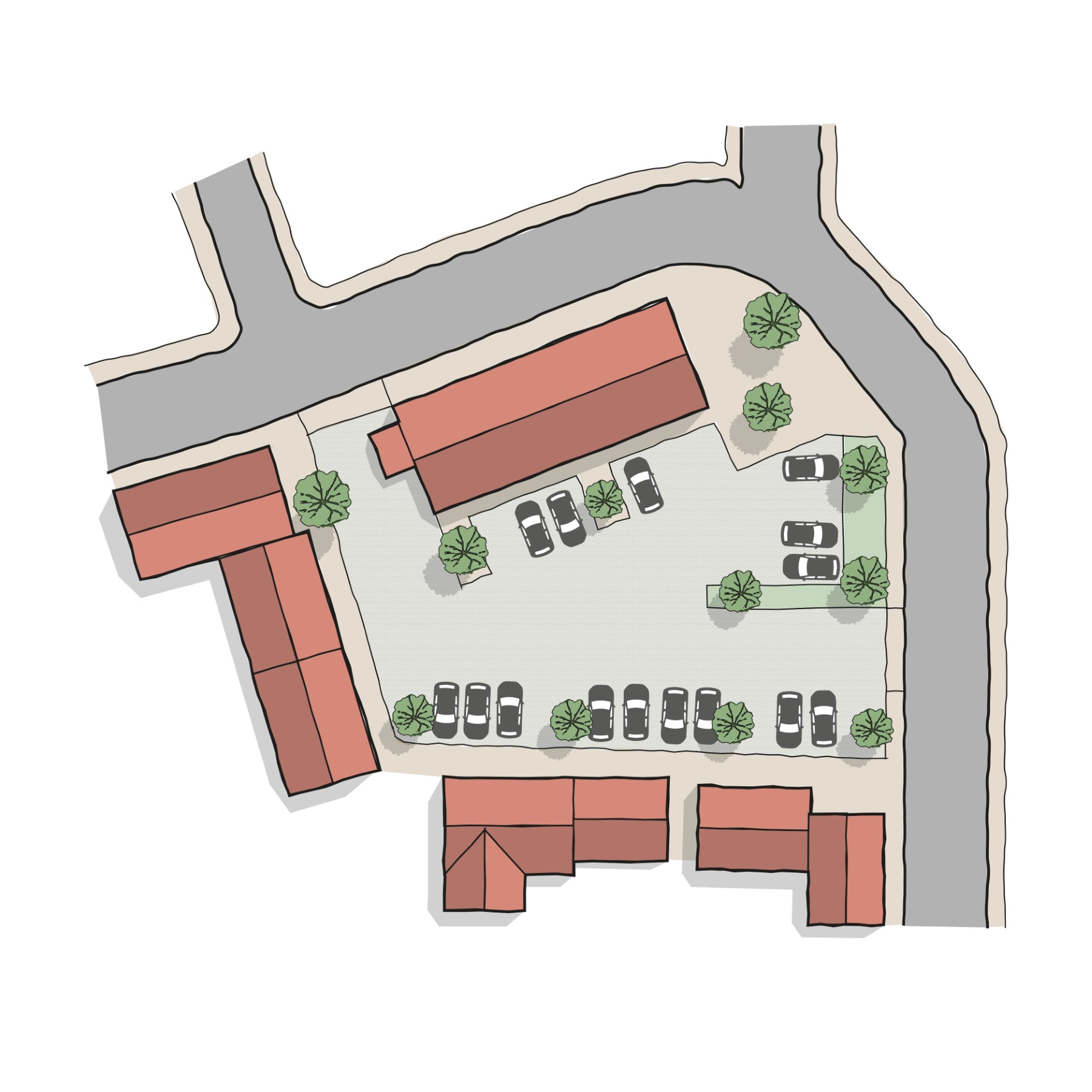 Diagram of a parking square designed as a small town or village square. Based on Pummery Square, Poundbury.