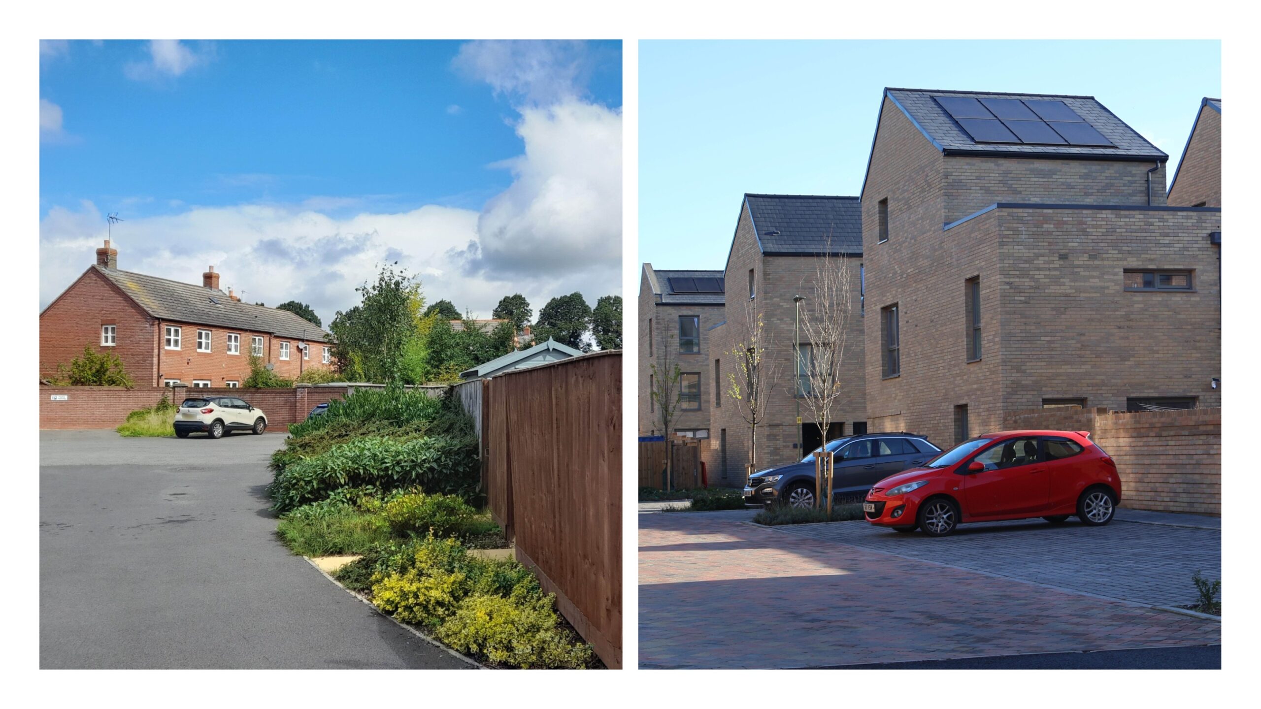 Examples of well-designed rear parking courts. Upton, Chester – This would benefit from better boundary treatments. Barton Park, Oxford – Good use of materials and trees