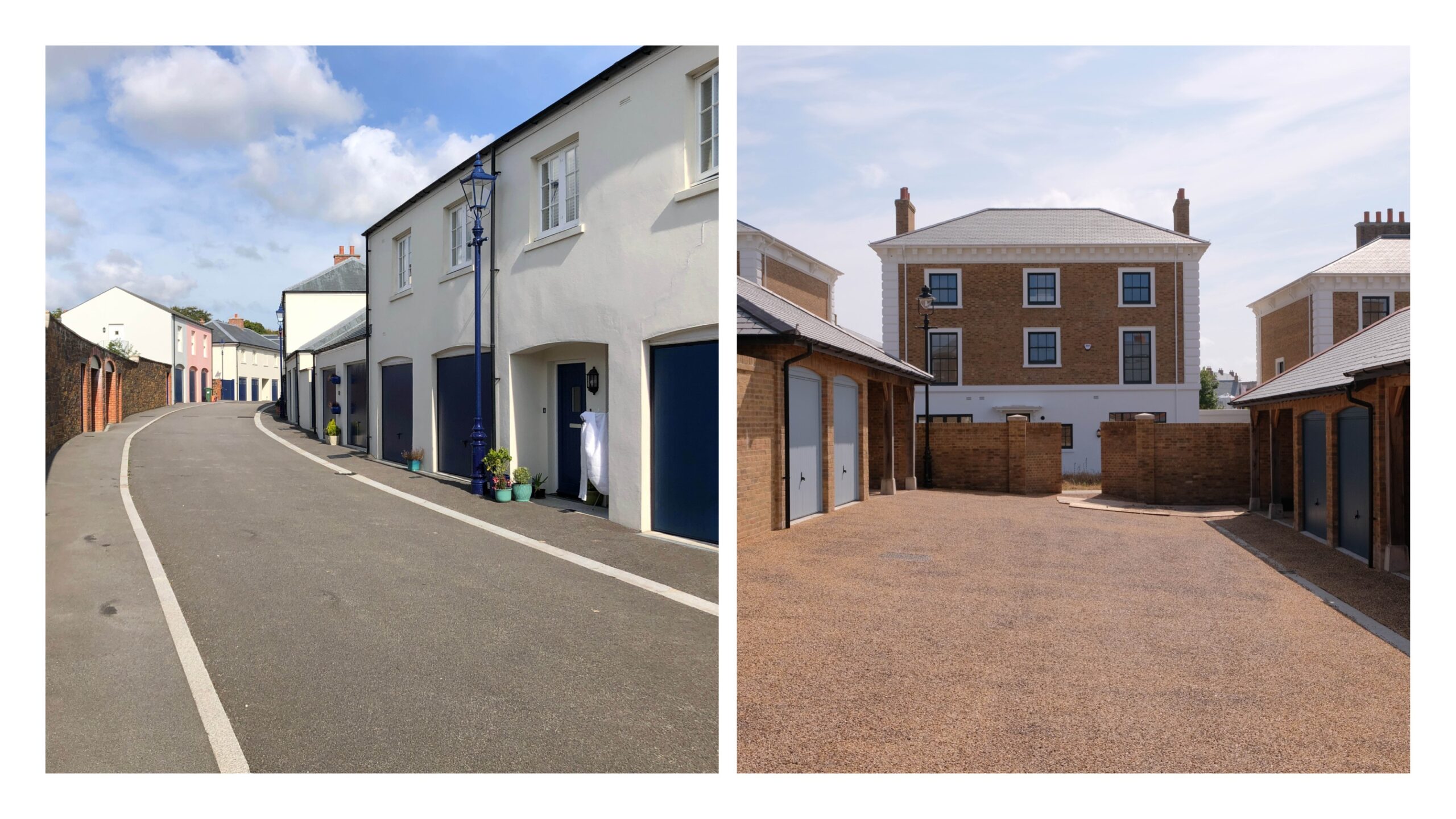 Parking mews providing access to garages and car ports. Truro and Poundbury.