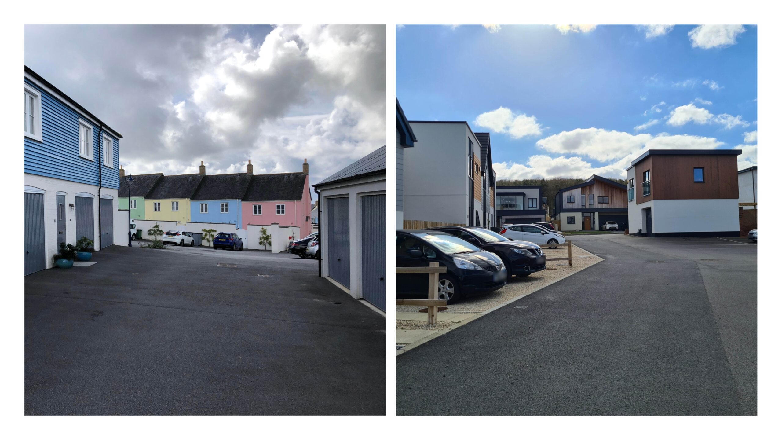 Examples of mews that lack greenery and are dominated by tarmac. Both would be improved with block paving and planting.