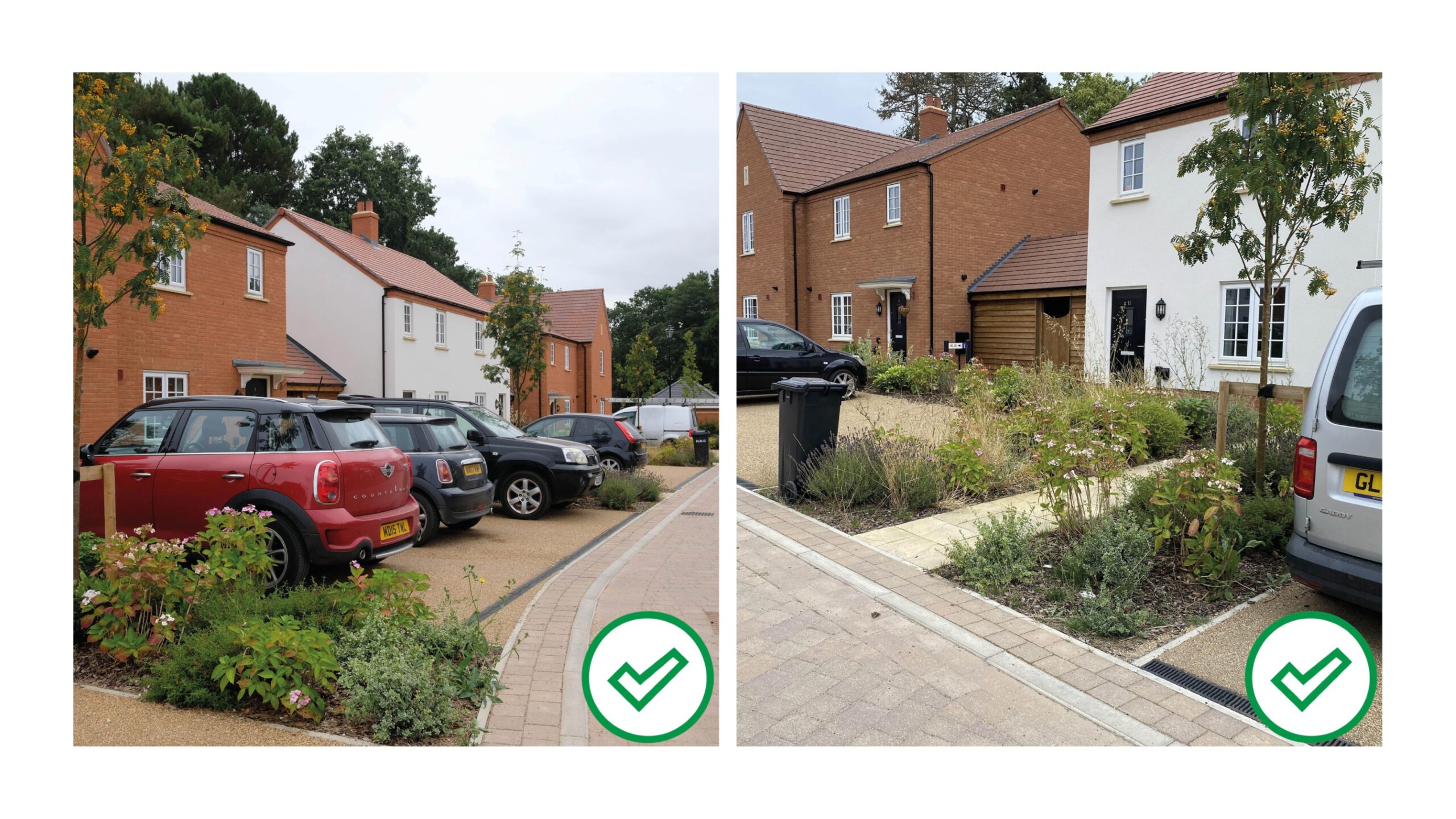 Parking at the front of homes should be well-screened with greenery. Houghton Grange (Homes England)
